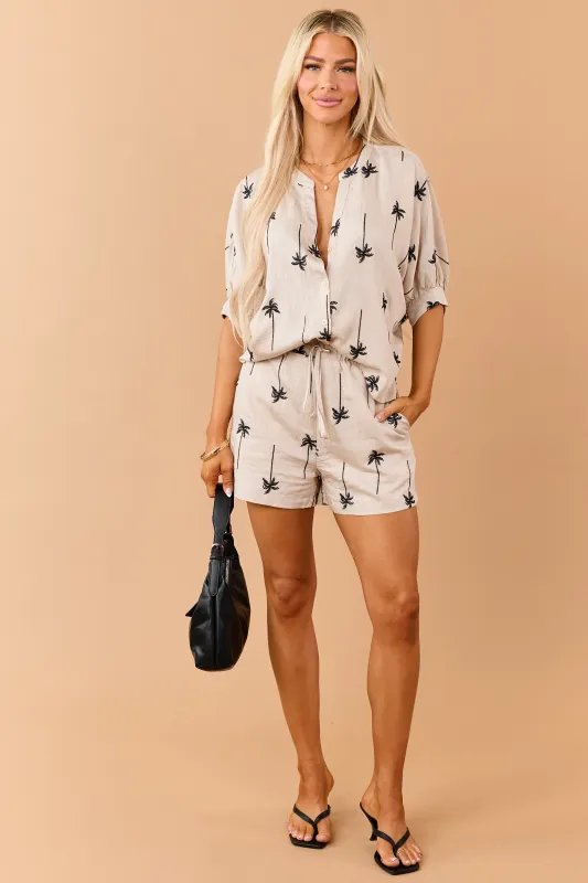 Oatmeal Palm Tree Embroidered Elastic Waist Shorts made by Lime Lush