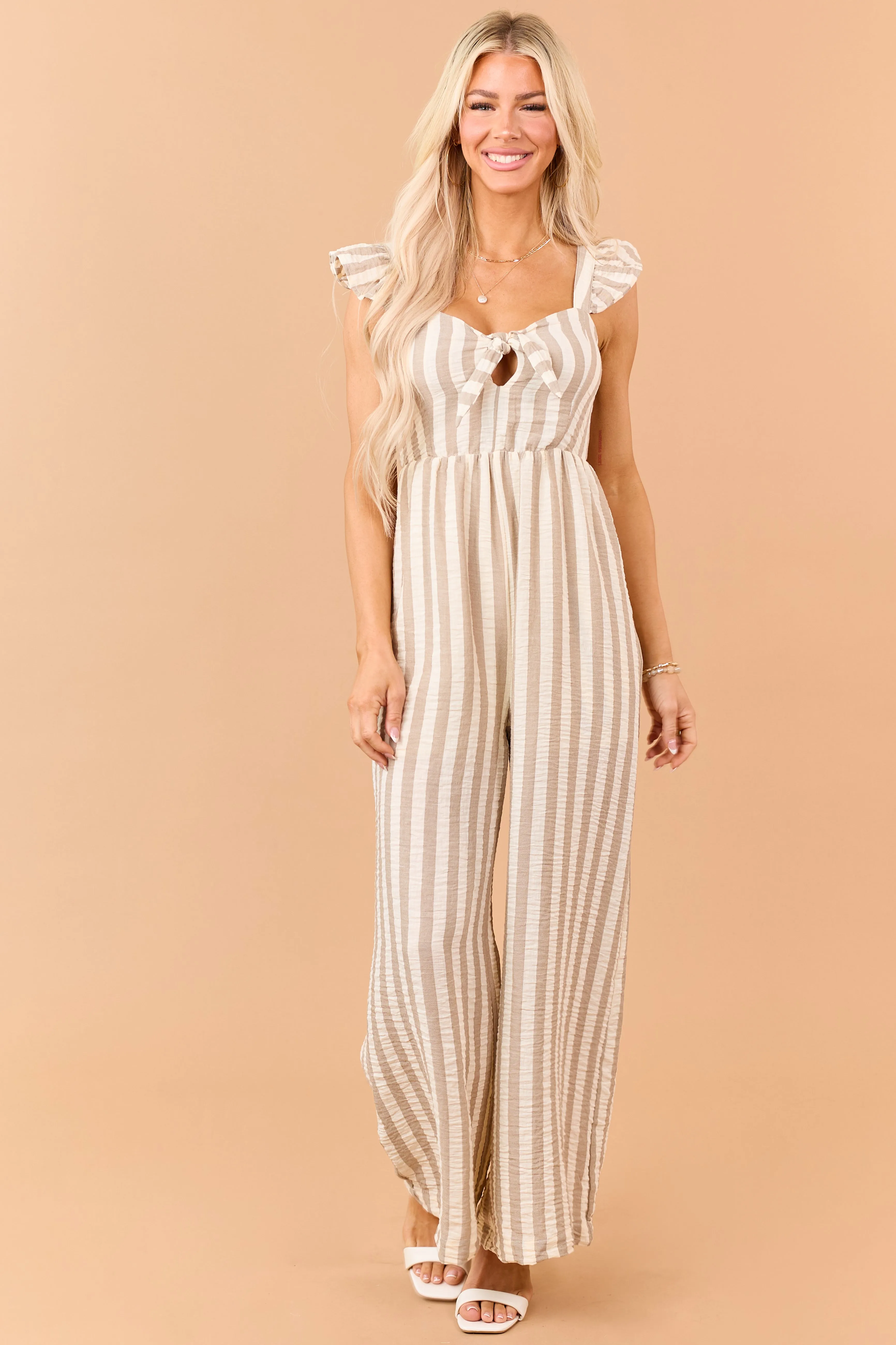 Latte Striped Bust Tie Wide Leg Jumpsuit sold by Lime Lush product image thumbnail 4