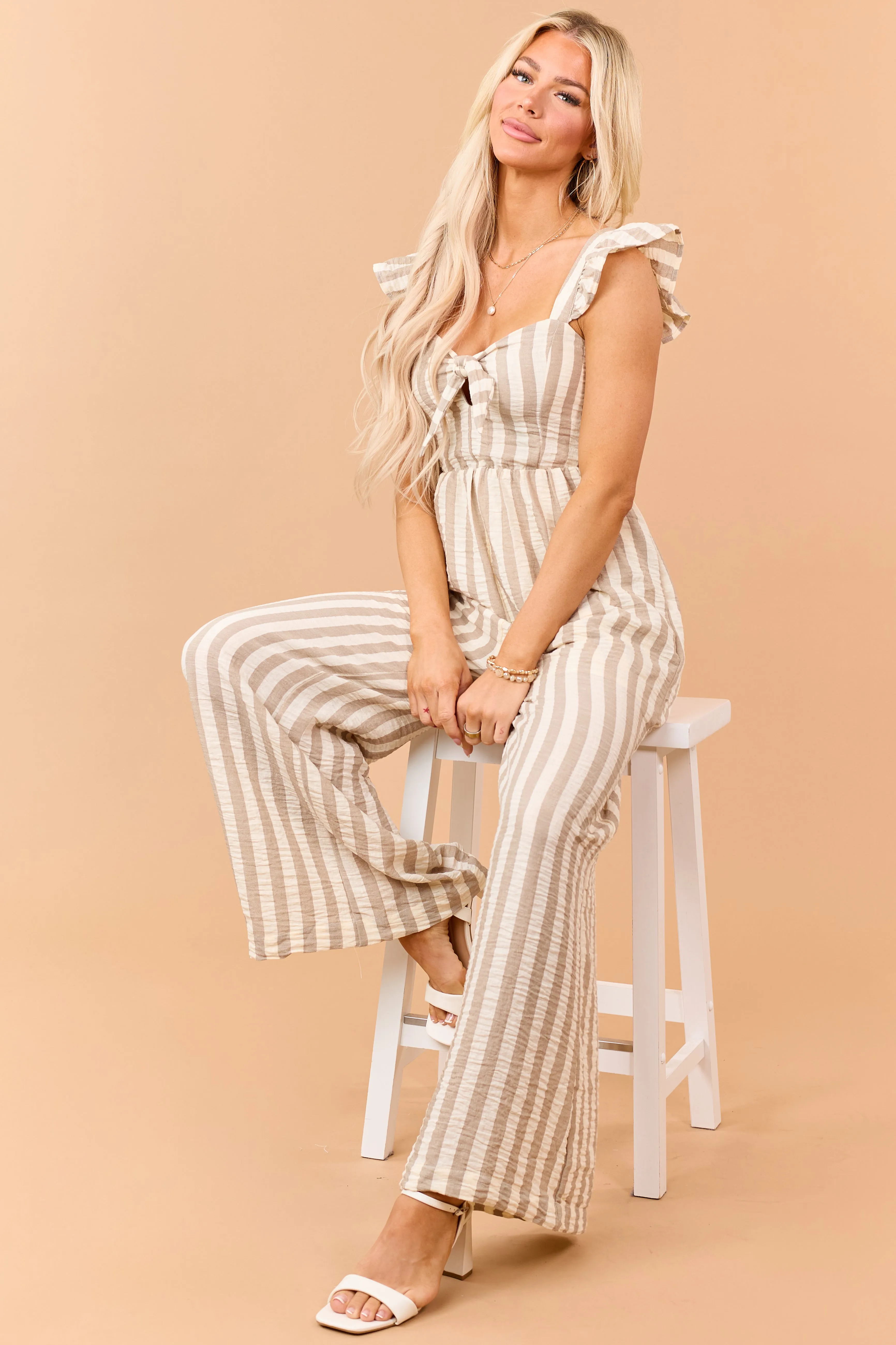 Latte Striped Bust Tie Wide Leg Jumpsuit sold by Lime Lush
