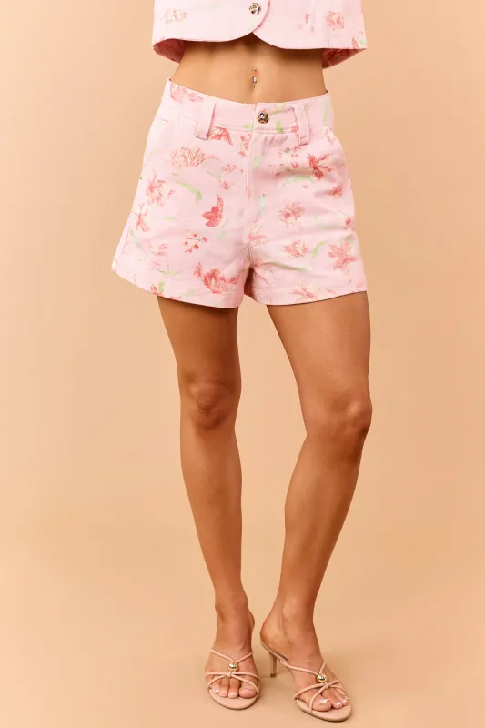 Entro Light Coral Floral Denim Mini Shorts made by entro