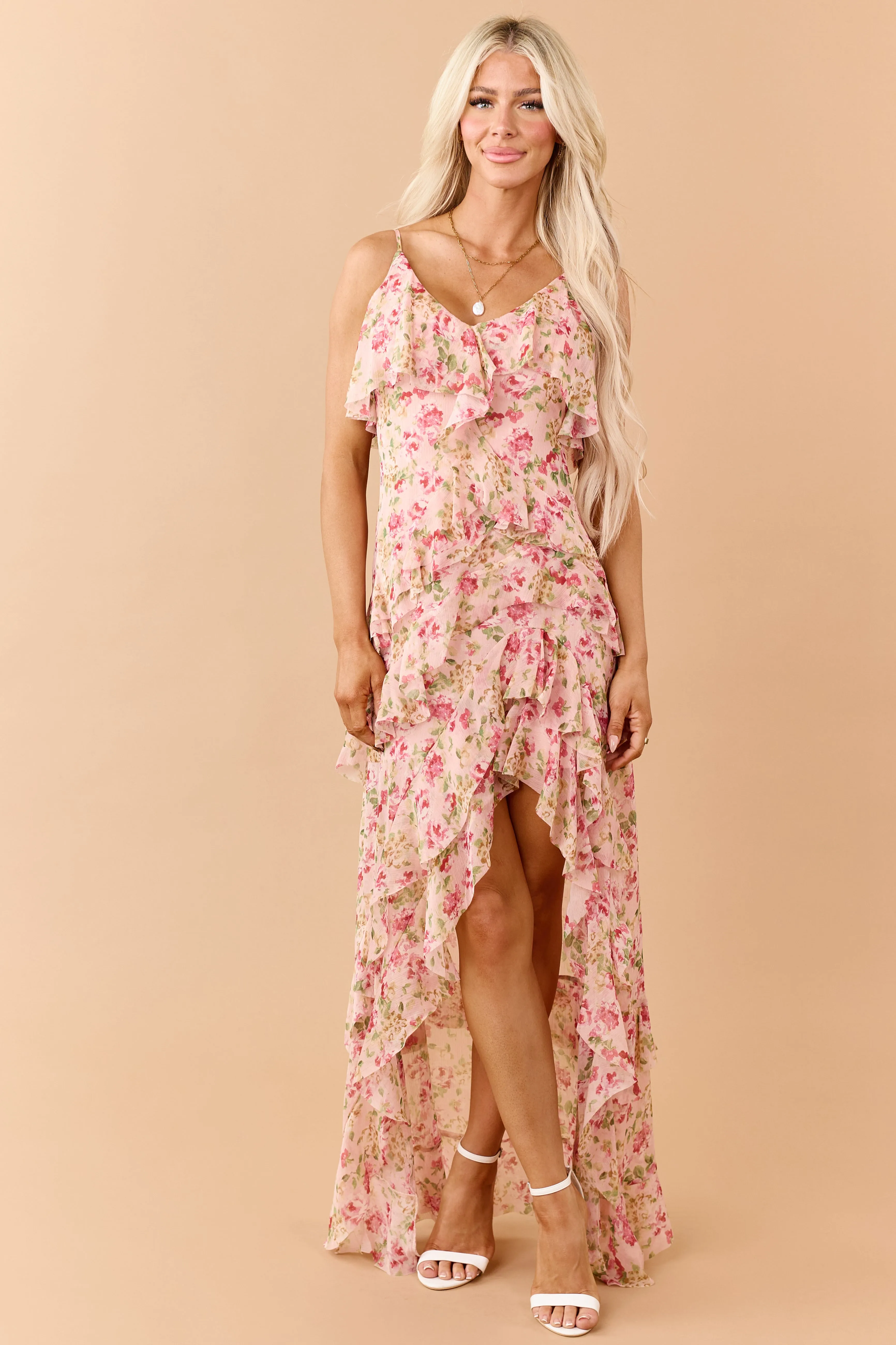 Light Coral Floral Chiffon Ruffle High Low Maxi Dress sold by Lime Lush product image thumbnail 4