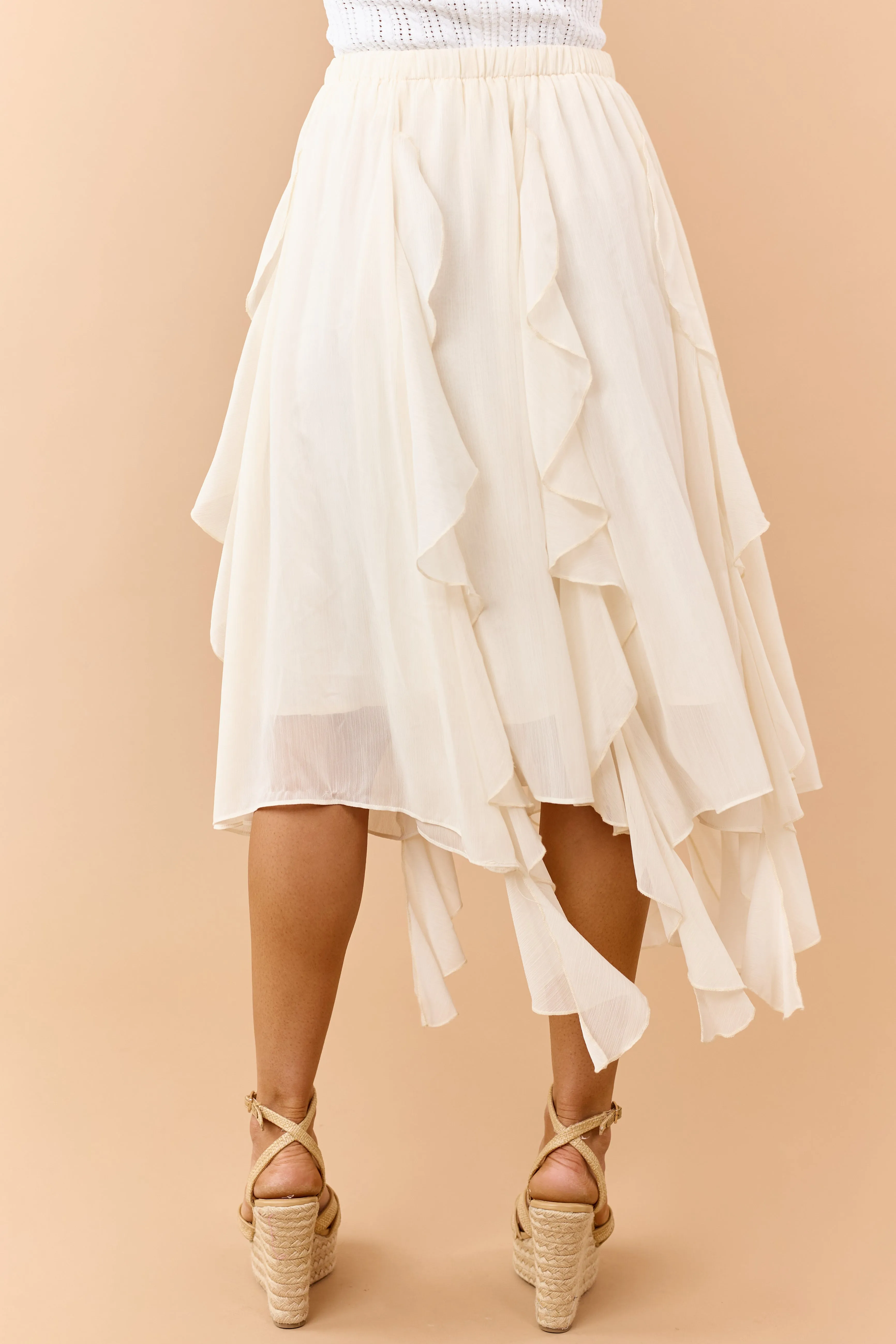 Cream Chiffon Ruffle Handkerchief Hem Midi Skirt sold by Lime Lush product image thumbnail 4
