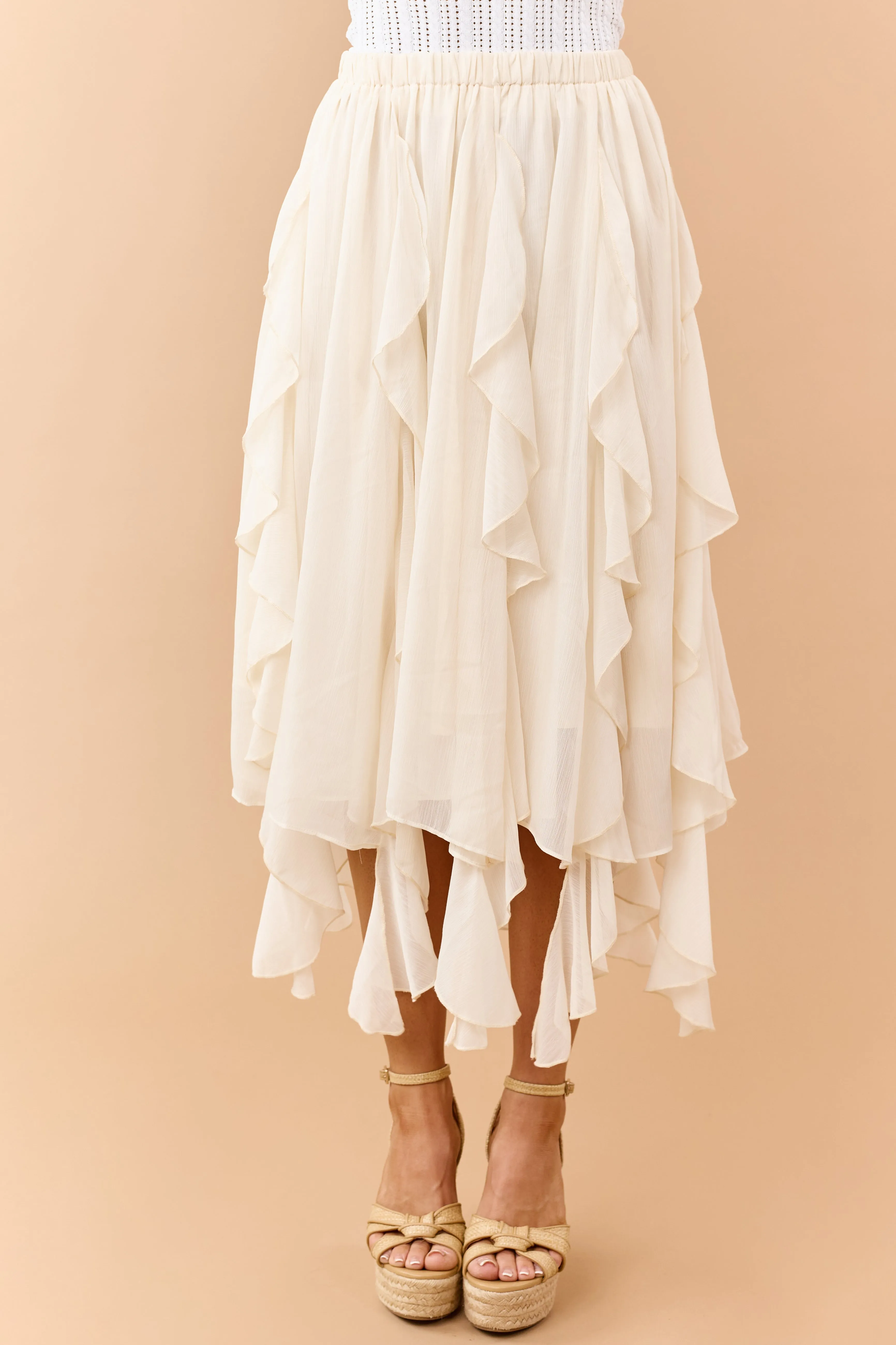 Cream Chiffon Ruffle Handkerchief Hem Midi Skirt sold by Lime Lush product image thumbnail 2