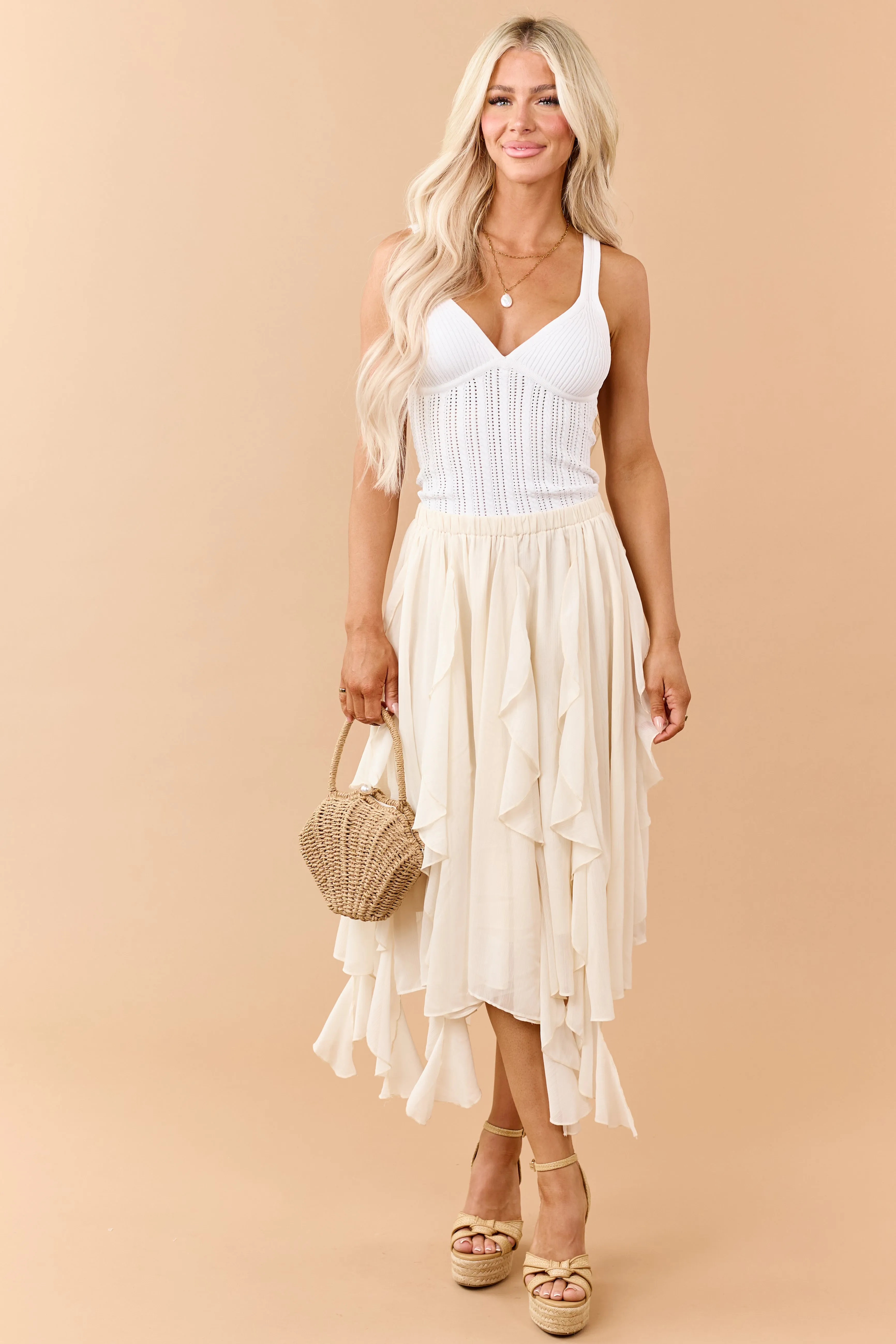 Cream Chiffon Ruffle Handkerchief Hem Midi Skirt sold by Lime Lush product image thumbnail 5