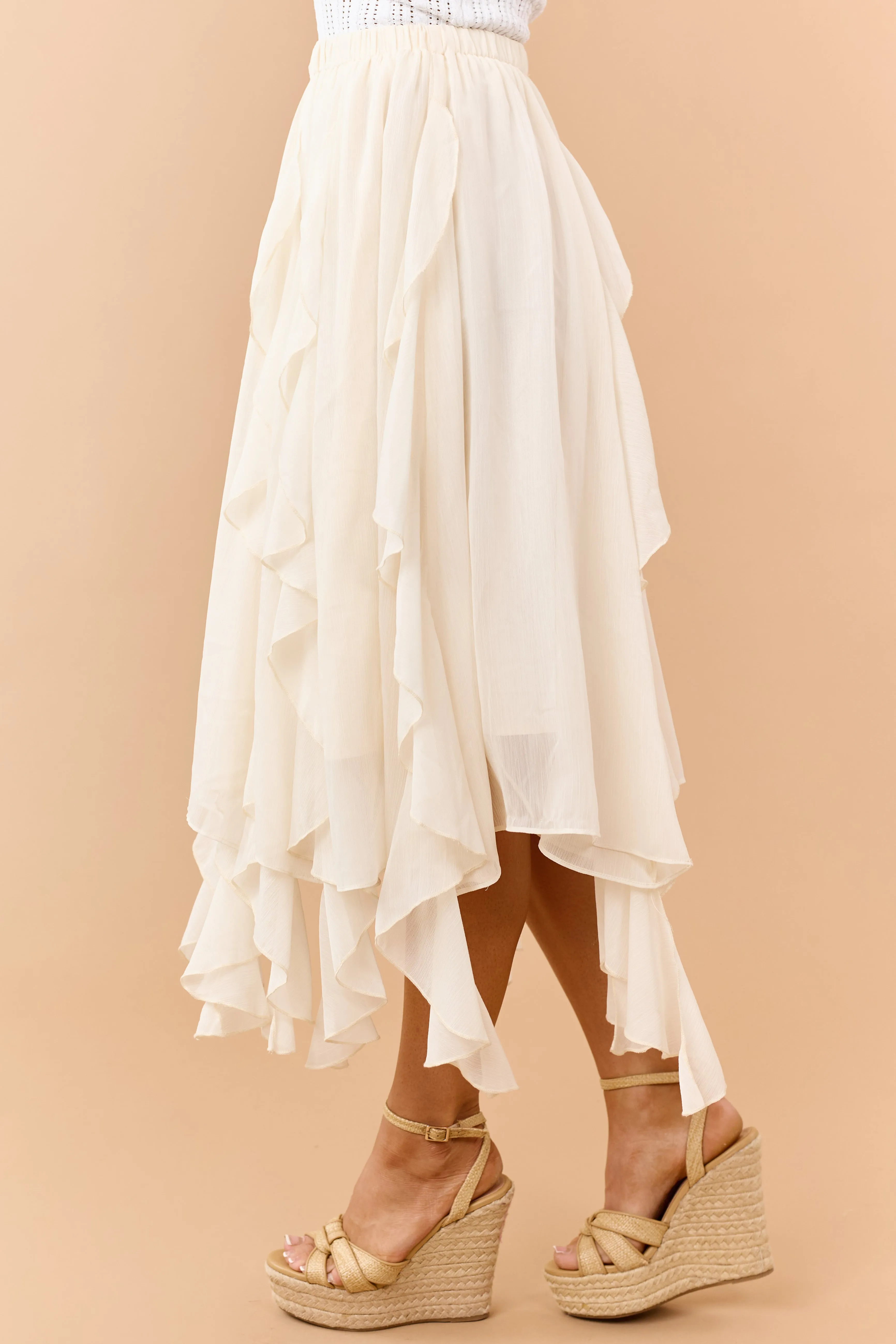 Cream Chiffon Ruffle Handkerchief Hem Midi Skirt sold by Lime Lush product image thumbnail 3