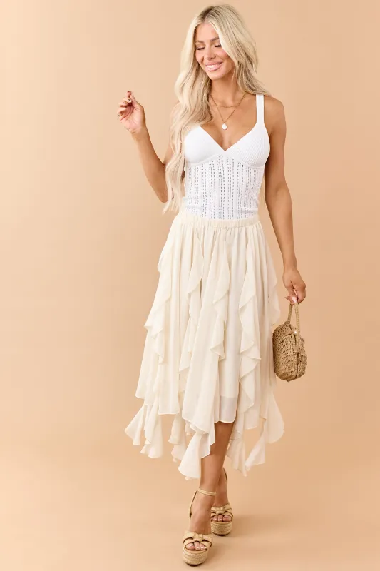 Cream Chiffon Ruffle Handkerchief Hem Midi Skirt made by Mustard Seed