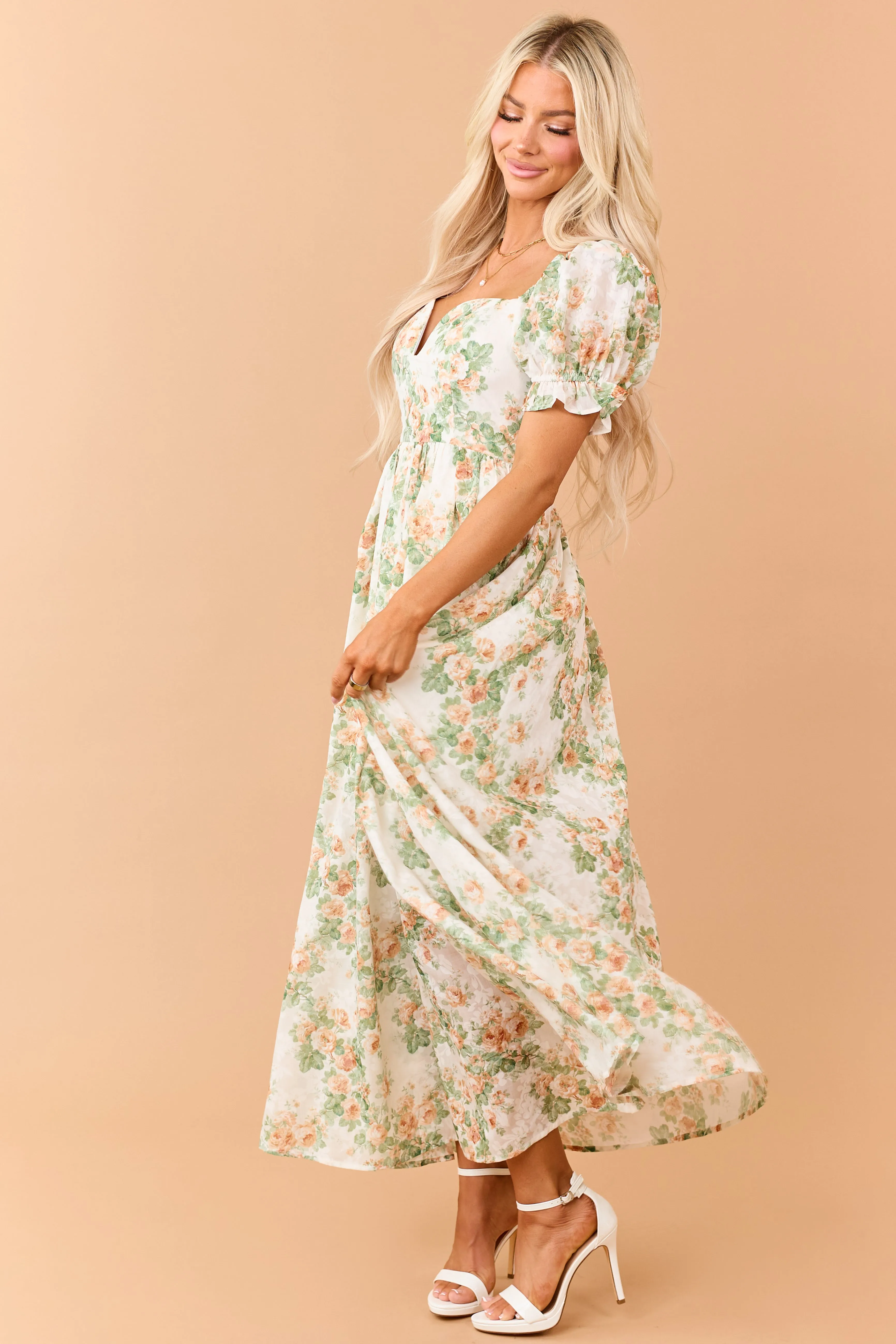 Cream Floral Print Puff Sleeve Sweetheart Maxi Dress sold by Lime Lush product image thumbnail 5