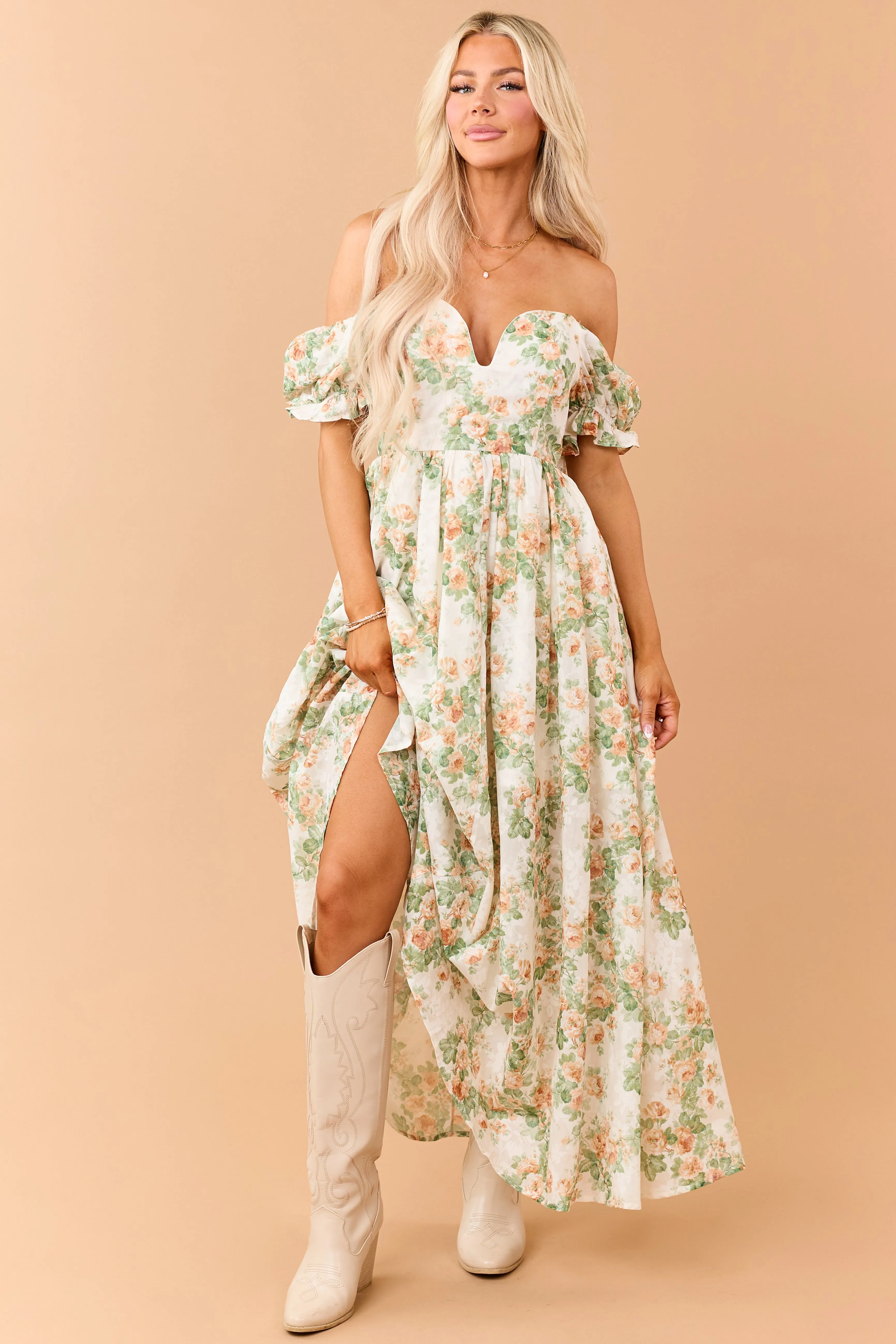 Cream Floral Print Puff Sleeve Sweetheart Maxi Dress sold by Lime Lush