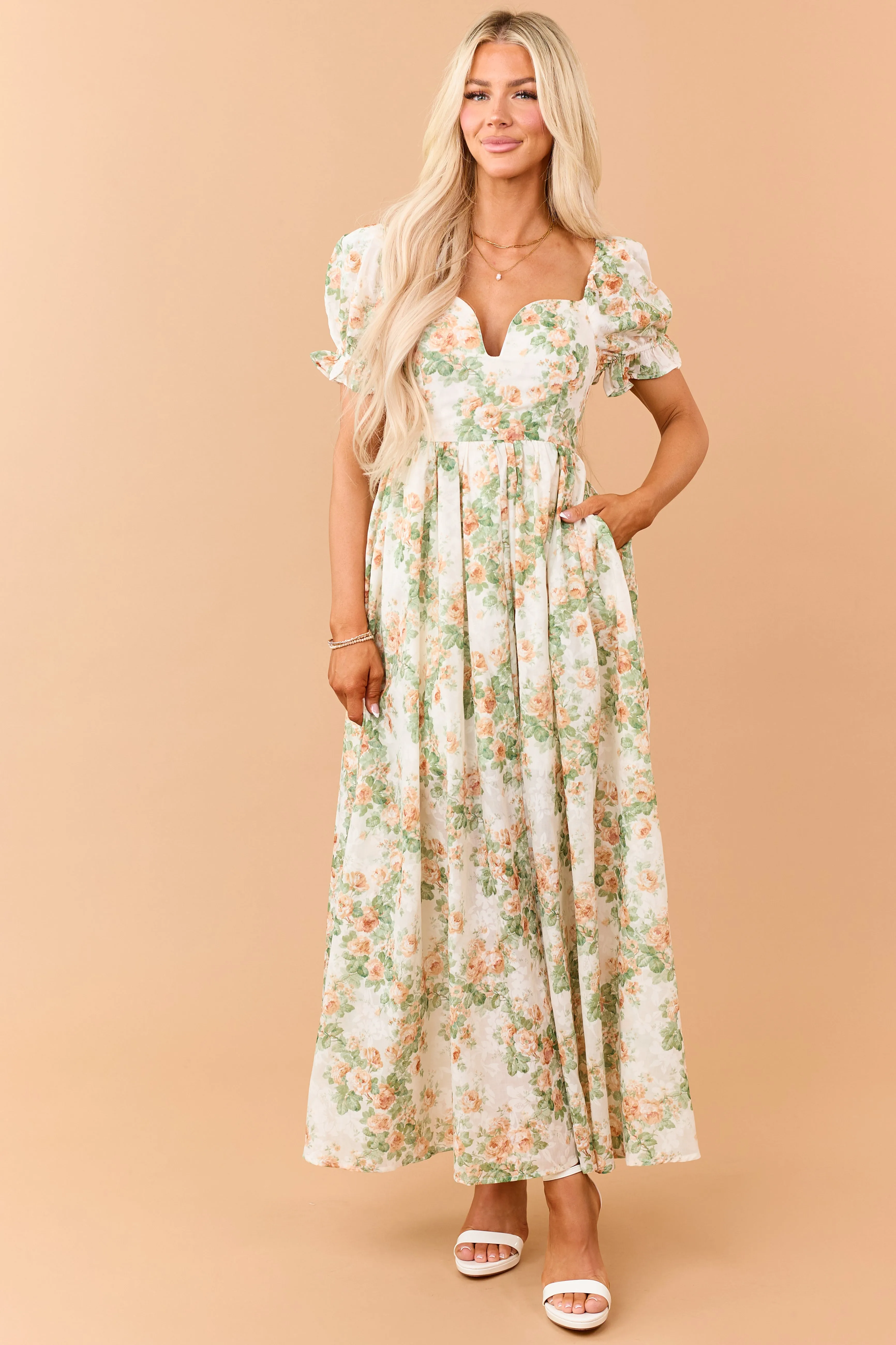 Cream Floral Print Puff Sleeve Sweetheart Maxi Dress sold by Lime Lush product image thumbnail 3