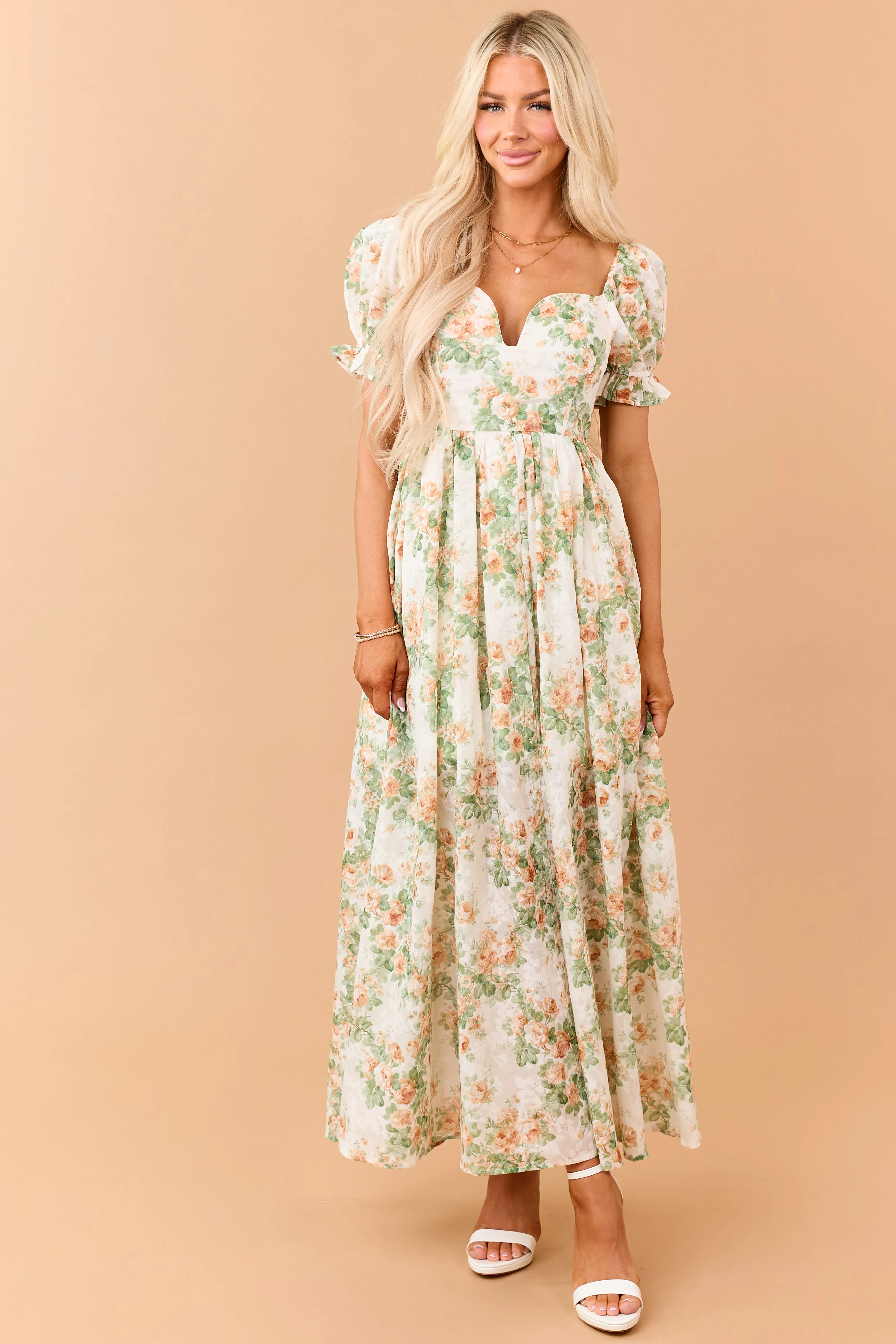 Cream Floral Print Puff Sleeve Sweetheart Maxi Dress sold by Lime Lush product image thumbnail 4