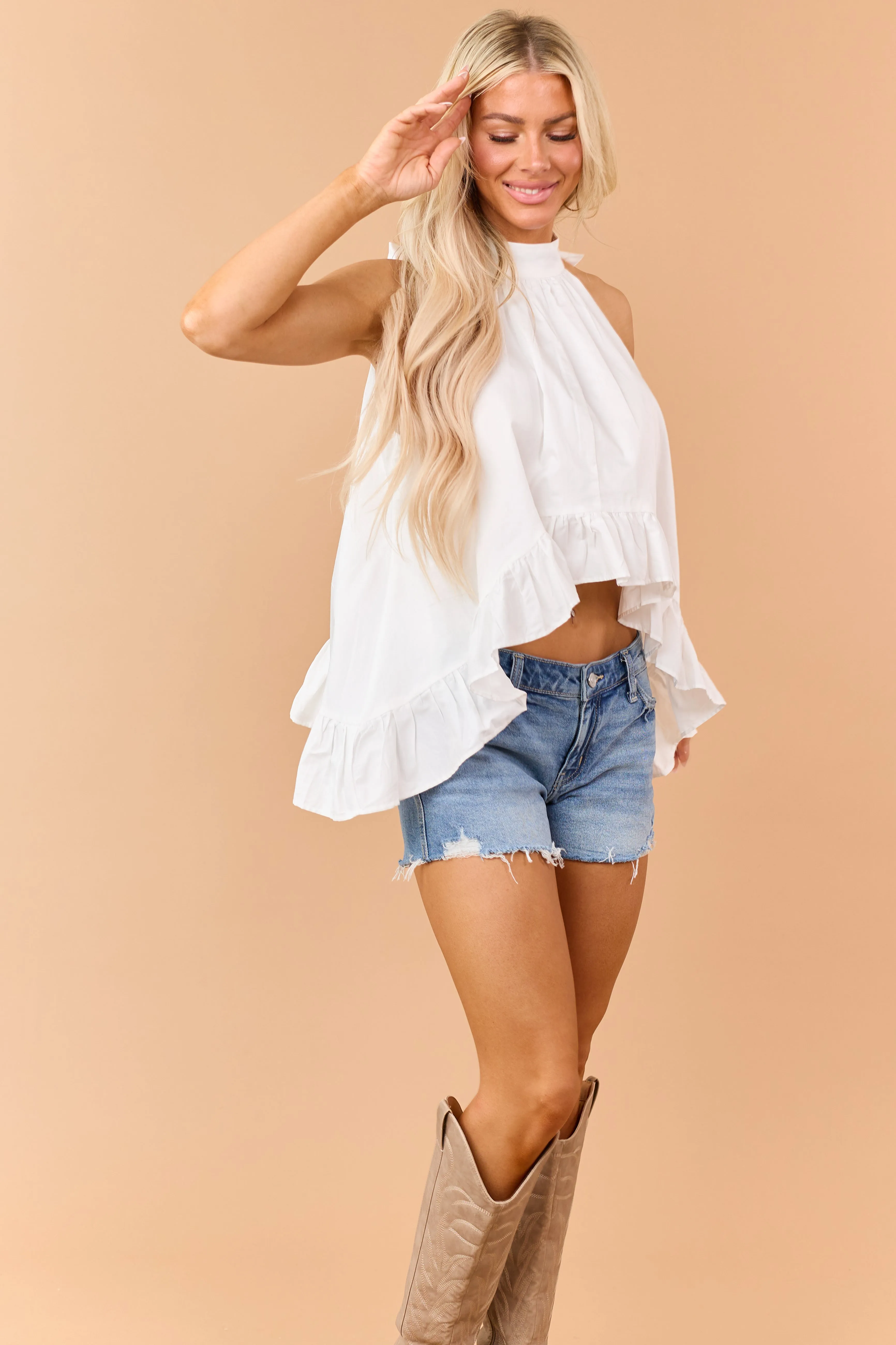 Off White Cotton Flowy Ruffle Hem Halter Top sold by Lime Lush product image thumbnail 3
