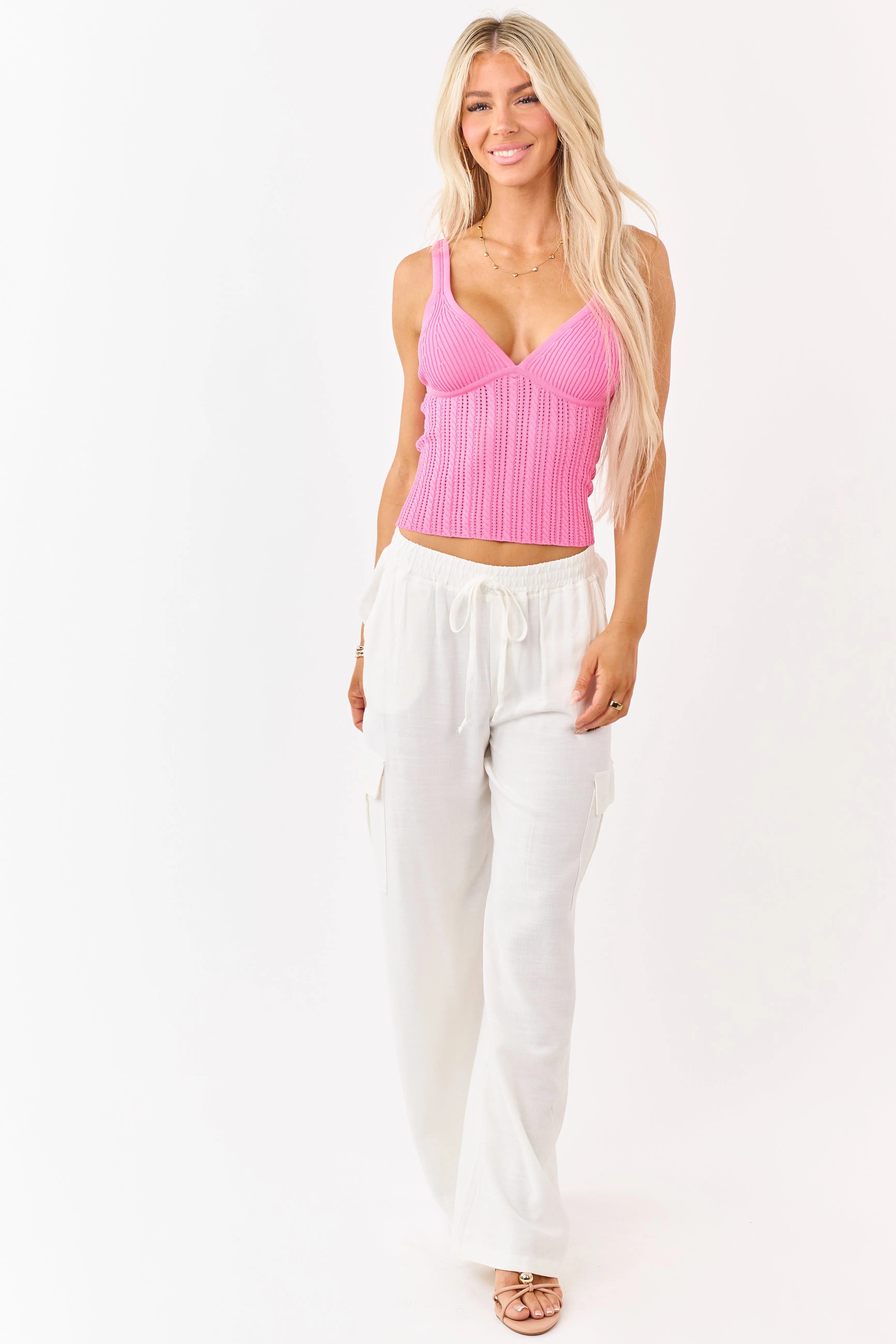 Fuchsia Pointelle Cable Knit V-Neck Tank Top sold by Lime Lush product image thumbnail 3