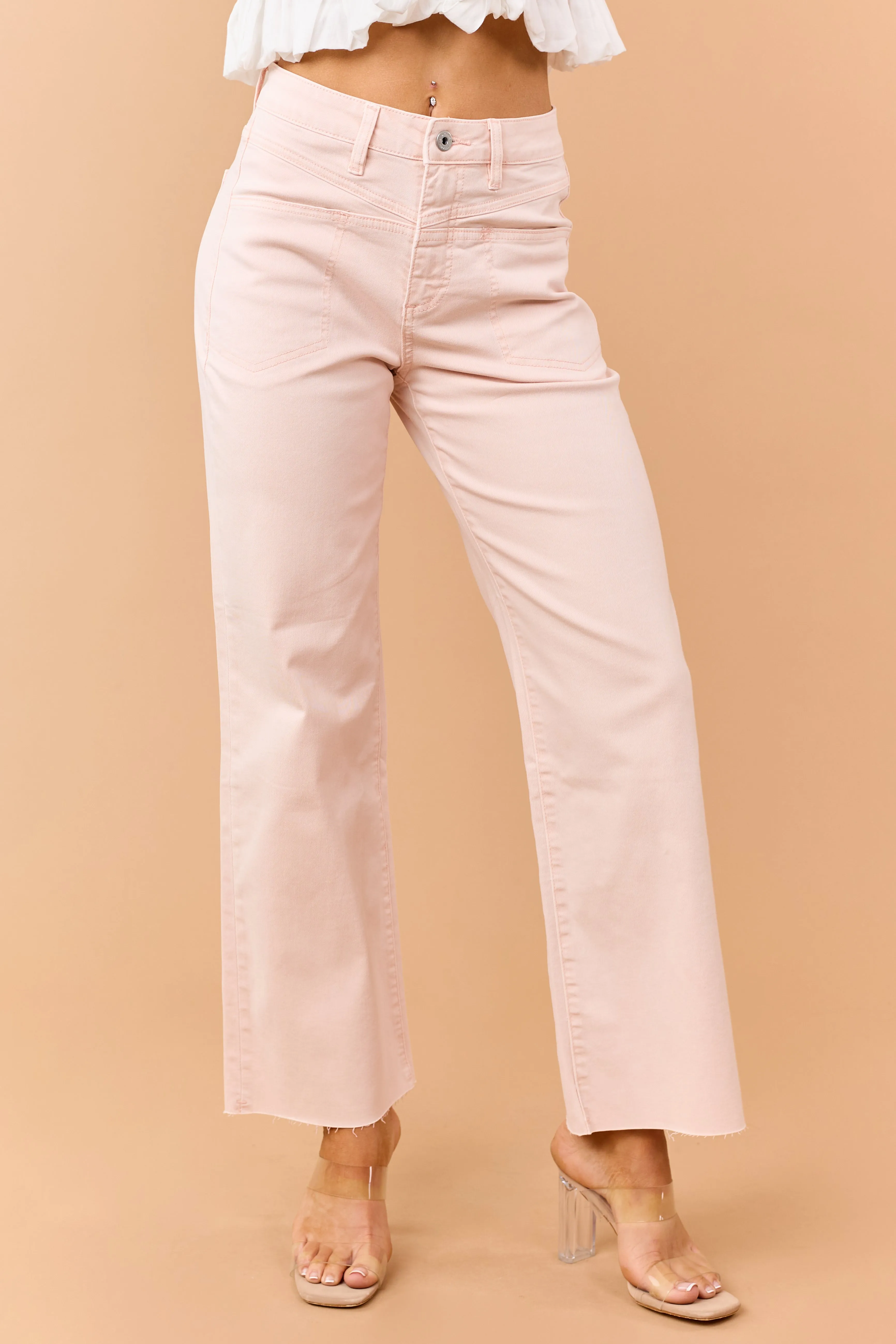 Mica Denim Peach Stretchy Wide Leg Raw Hem Jeans sold by Lime Lush