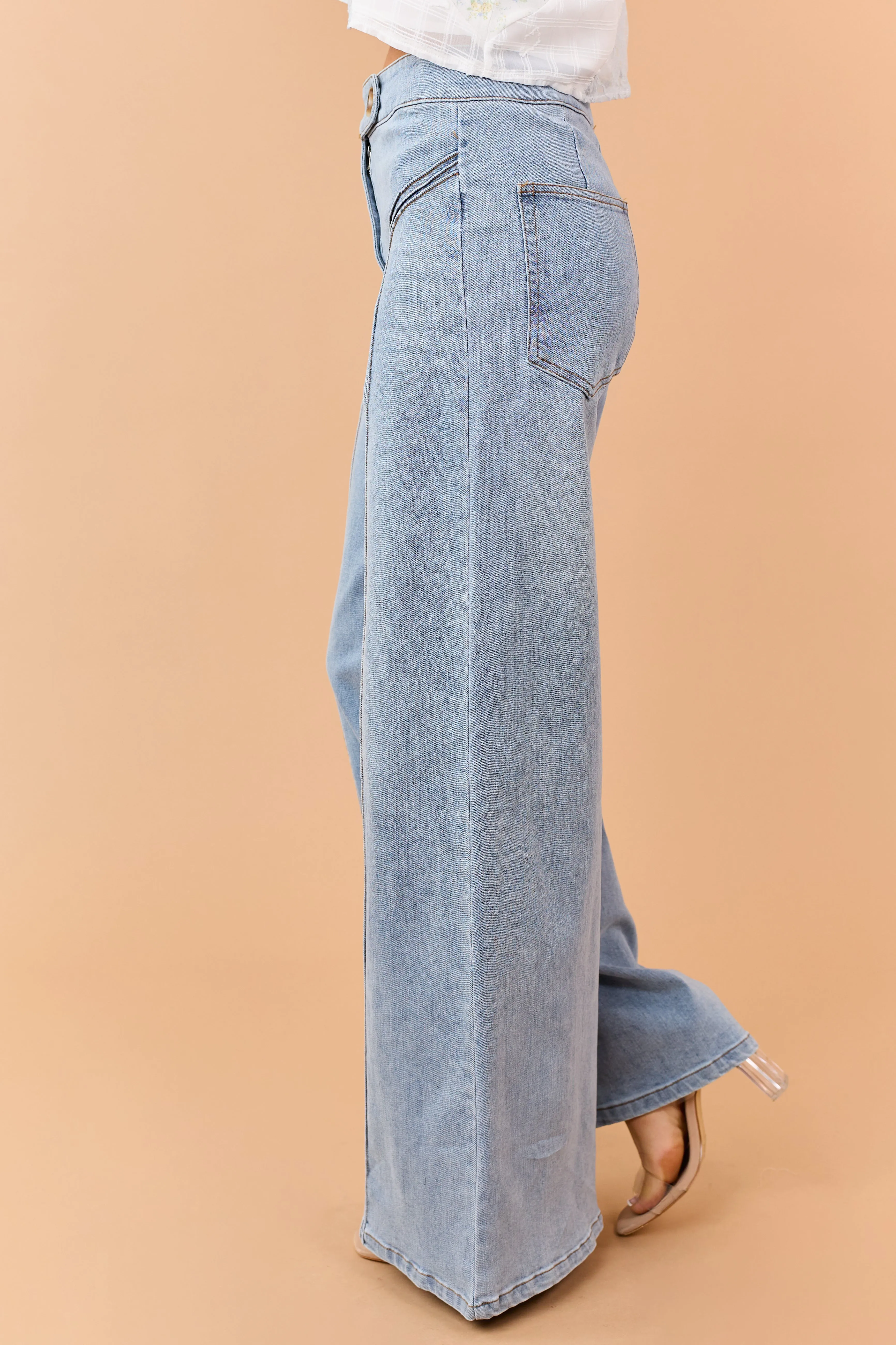 Light Wash High Rise Stretchy Wide Leg Jeans sold by Lime Lush product image thumbnail 3