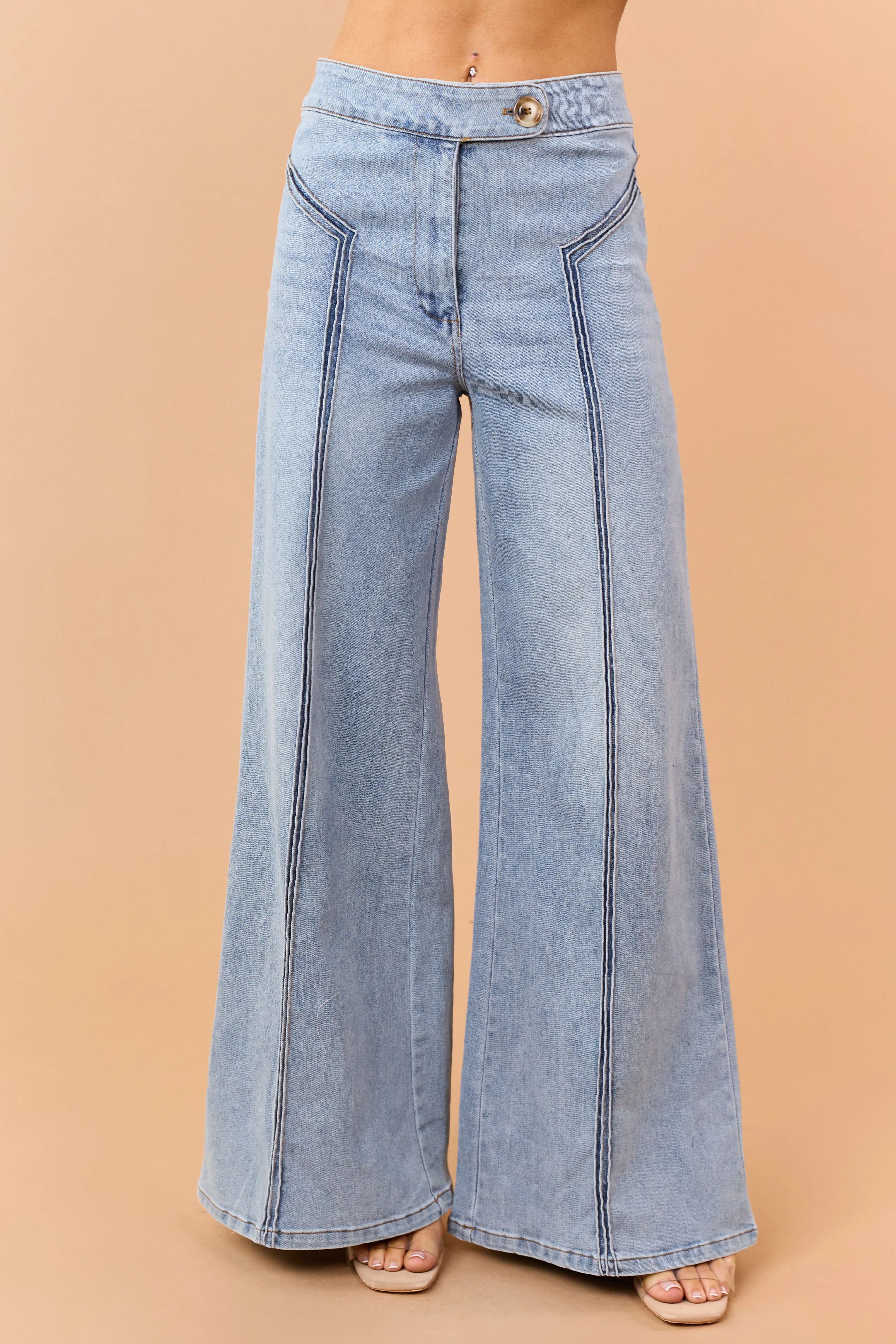 Light Wash High Rise Stretchy Wide Leg Jeans sold by Lime Lush