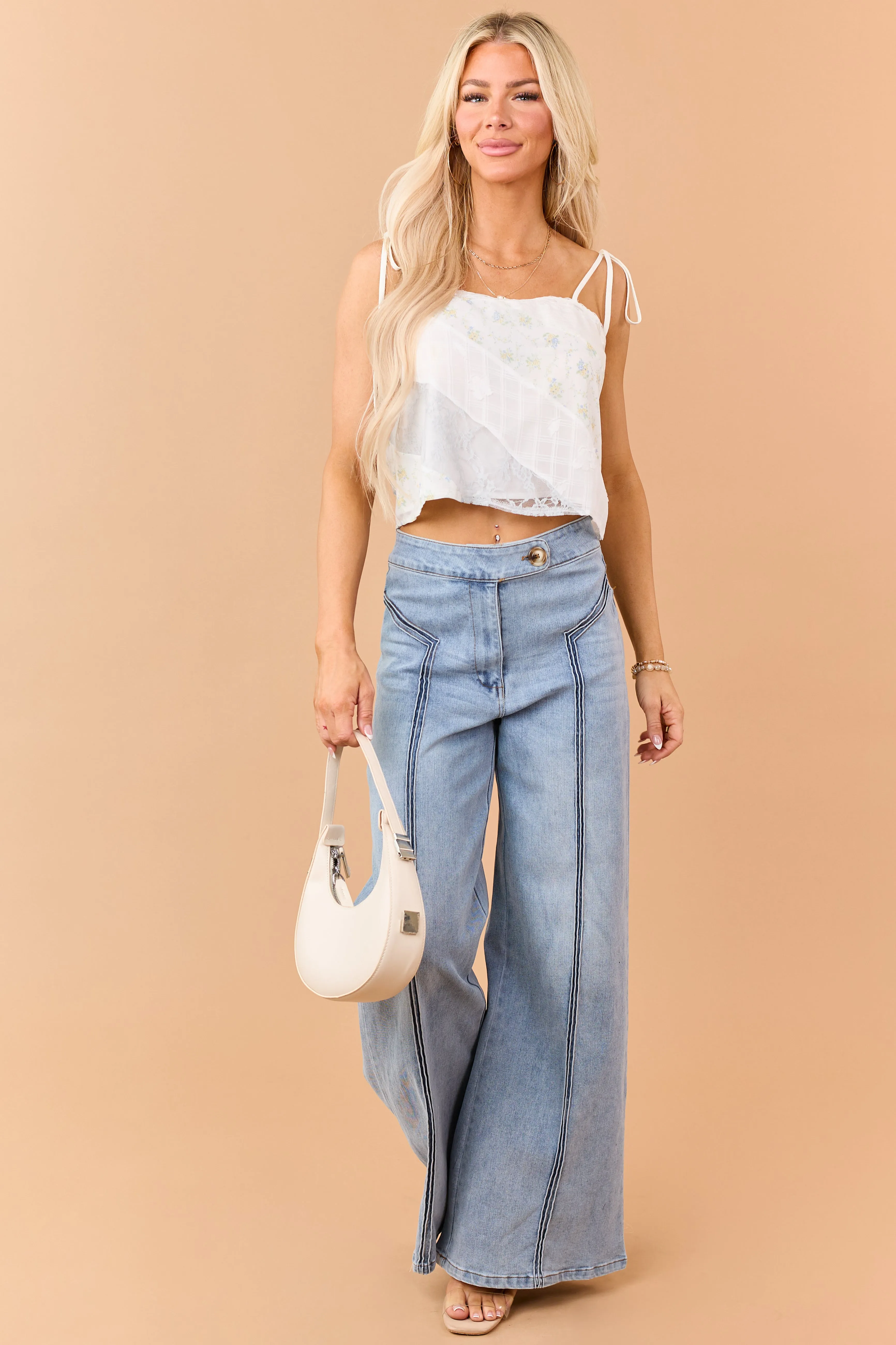 Light Wash High Rise Stretchy Wide Leg Jeans sold by Lime Lush product image thumbnail 5