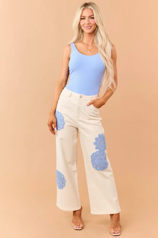 Entro Cream Boho Crochet Patchwork Wide Leg Jeans made by entro