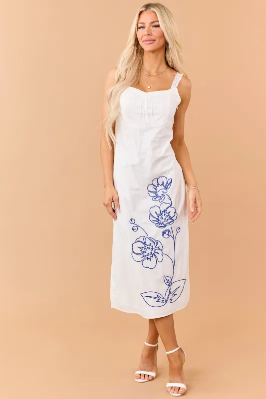 White Cotton Floral Embroidered Lace Trim Midi Dress made by BaeVely