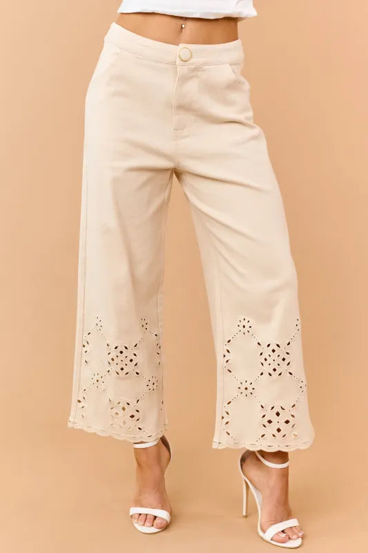Almond Scalloped Embroidered Hem Wide Crop Jeans made by Lalavon