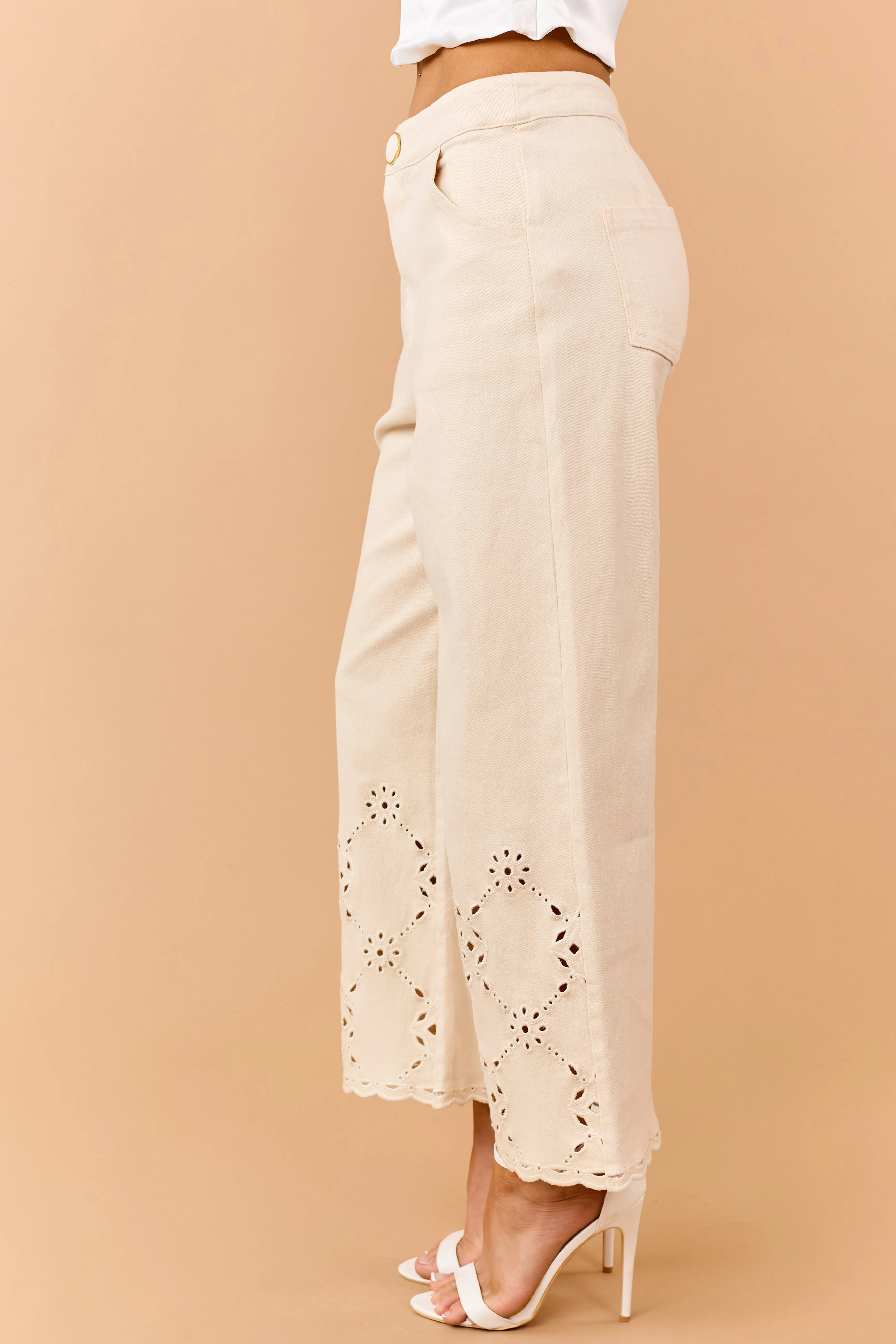 Almond Scalloped Embroidered Hem Wide Crop Jeans sold by Lime Lush product image thumbnail 3