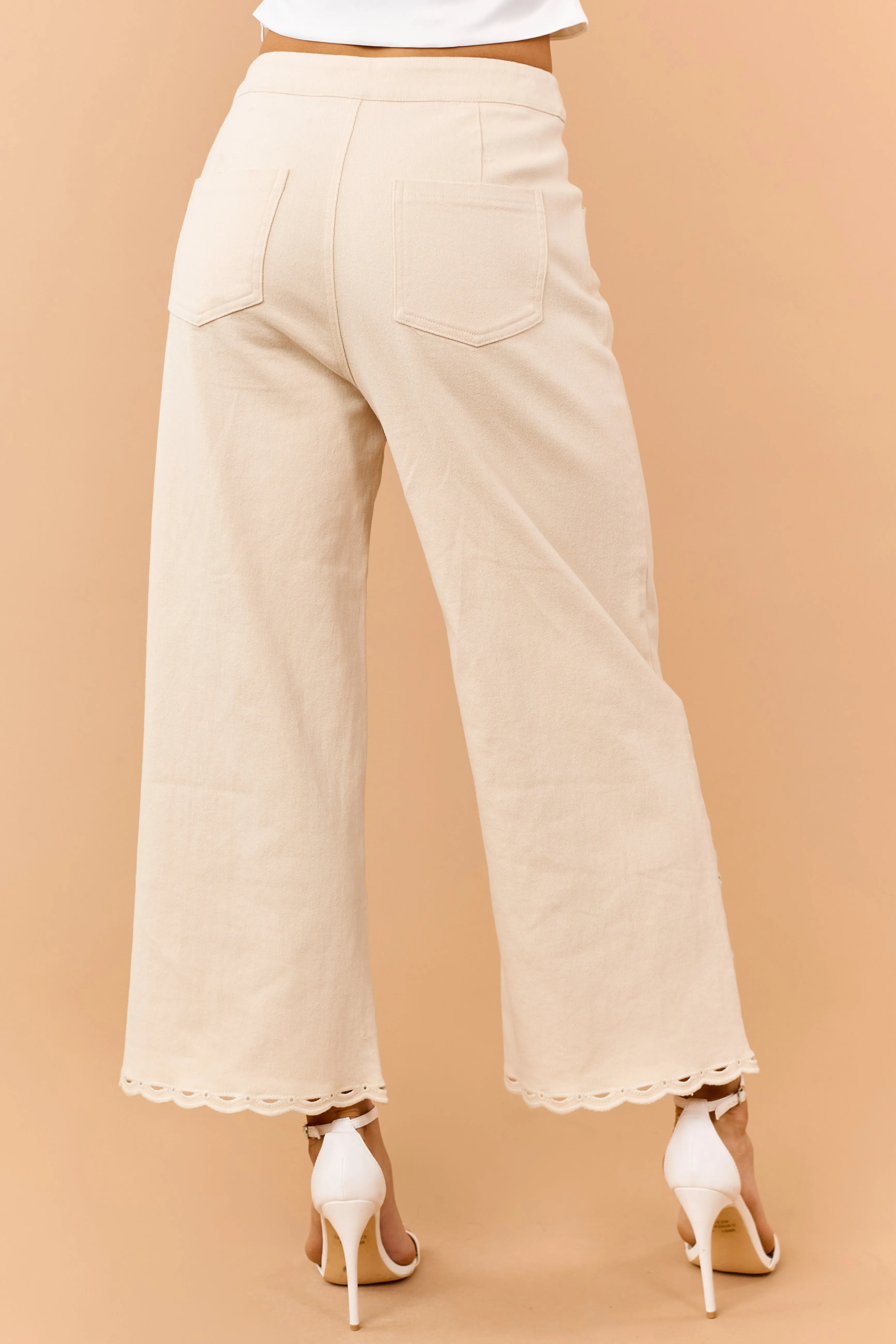 Almond Scalloped Embroidered Hem Wide Crop Jeans sold by Lime Lush product image thumbnail 4
