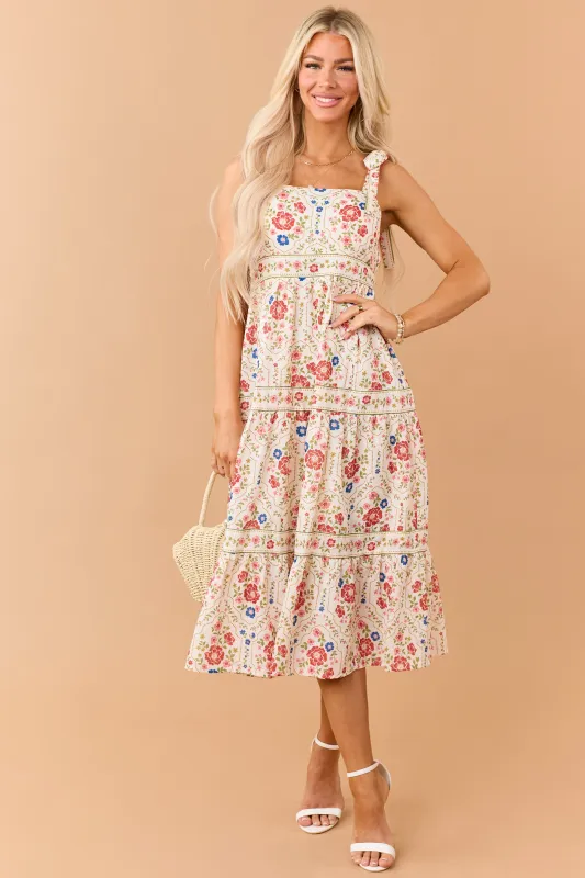 Cream Floral Print Tie Strap Tiered Midi Dress made by Polagram