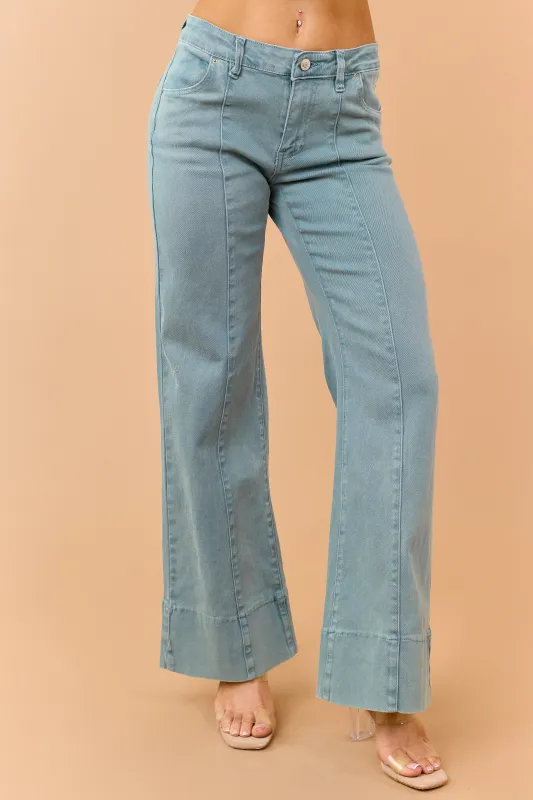 Light Juniper Mid Rise Stretchy Wide Leg Jeans made by Zenana