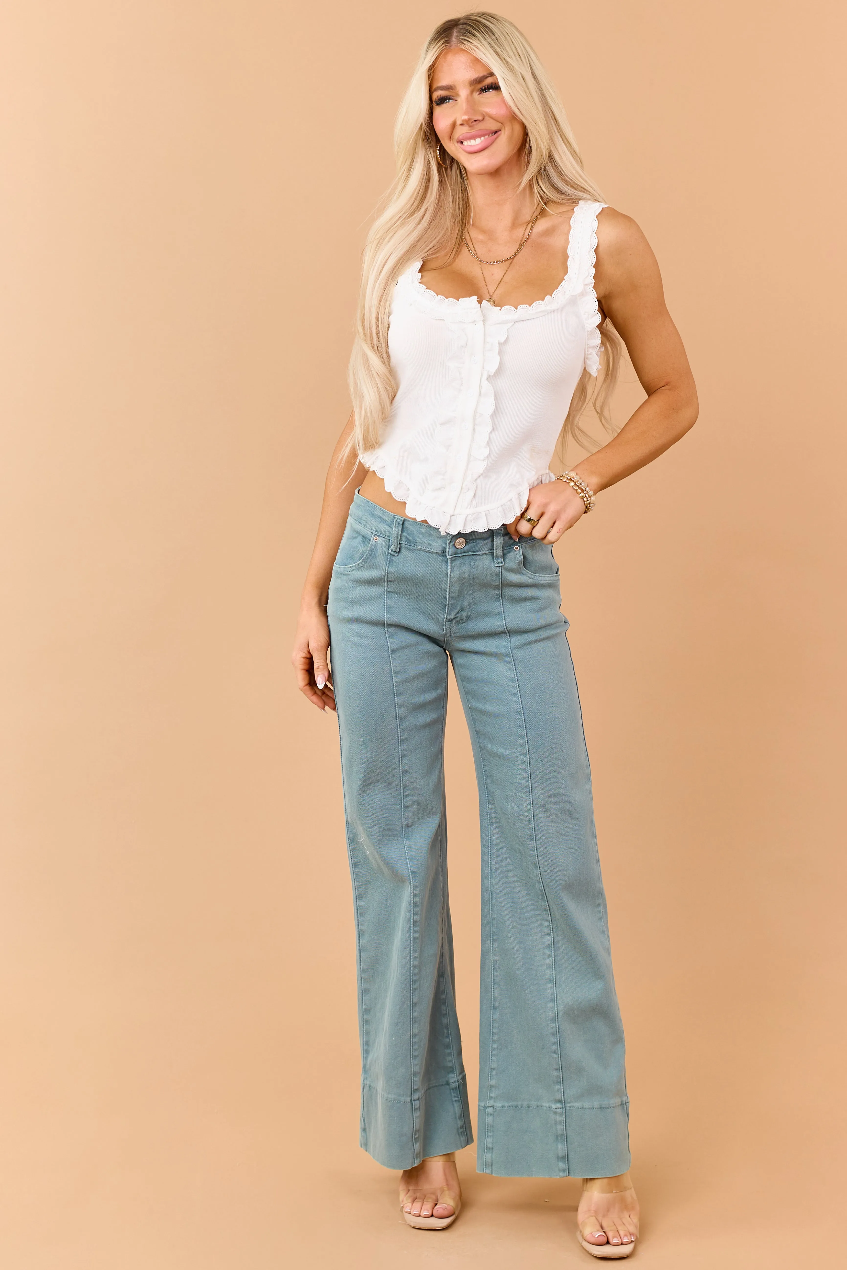 Light Juniper Mid Rise Stretchy Wide Leg Jeans sold by Lime Lush product image thumbnail 2