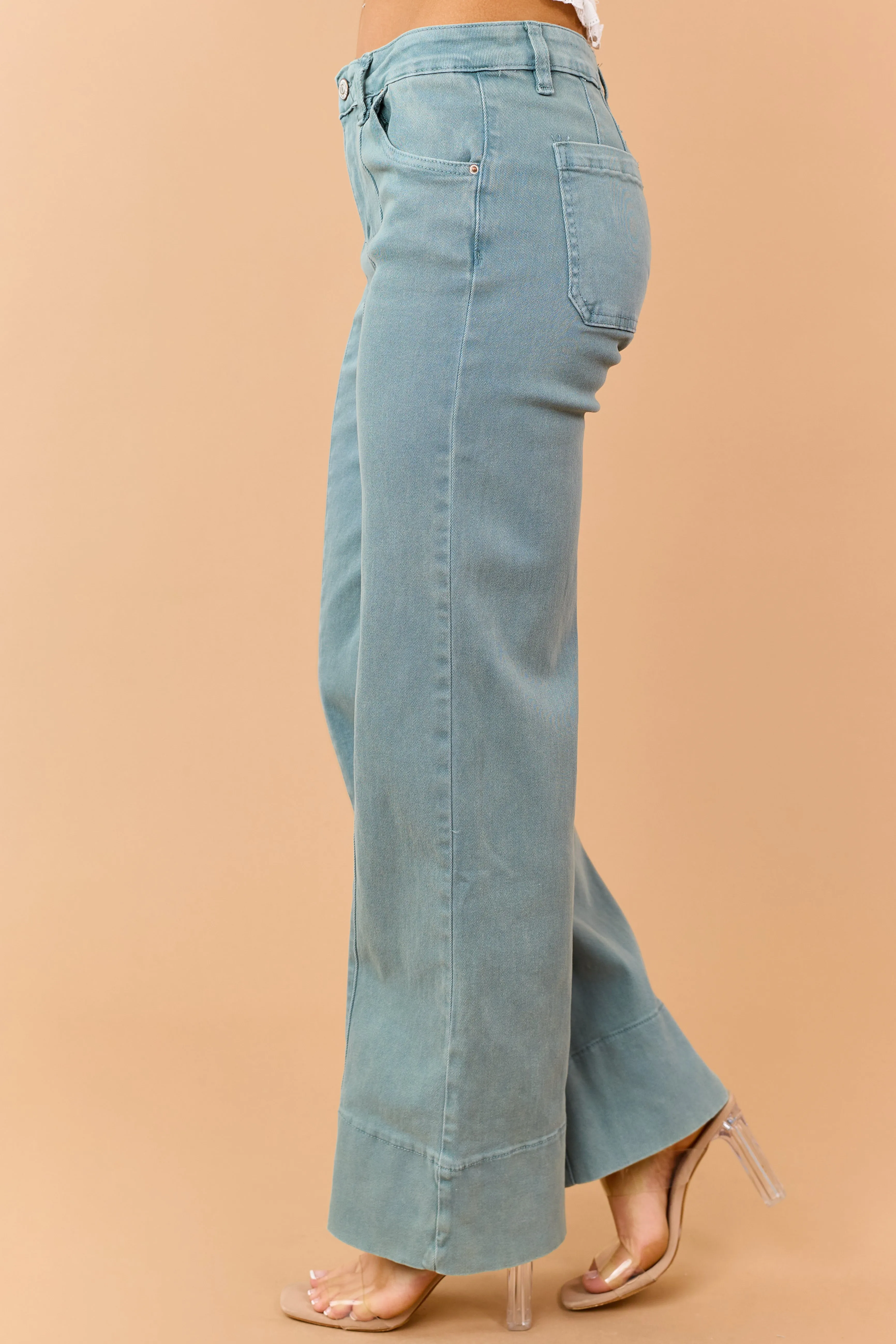 Light Juniper Mid Rise Stretchy Wide Leg Jeans sold by Lime Lush product image thumbnail 3