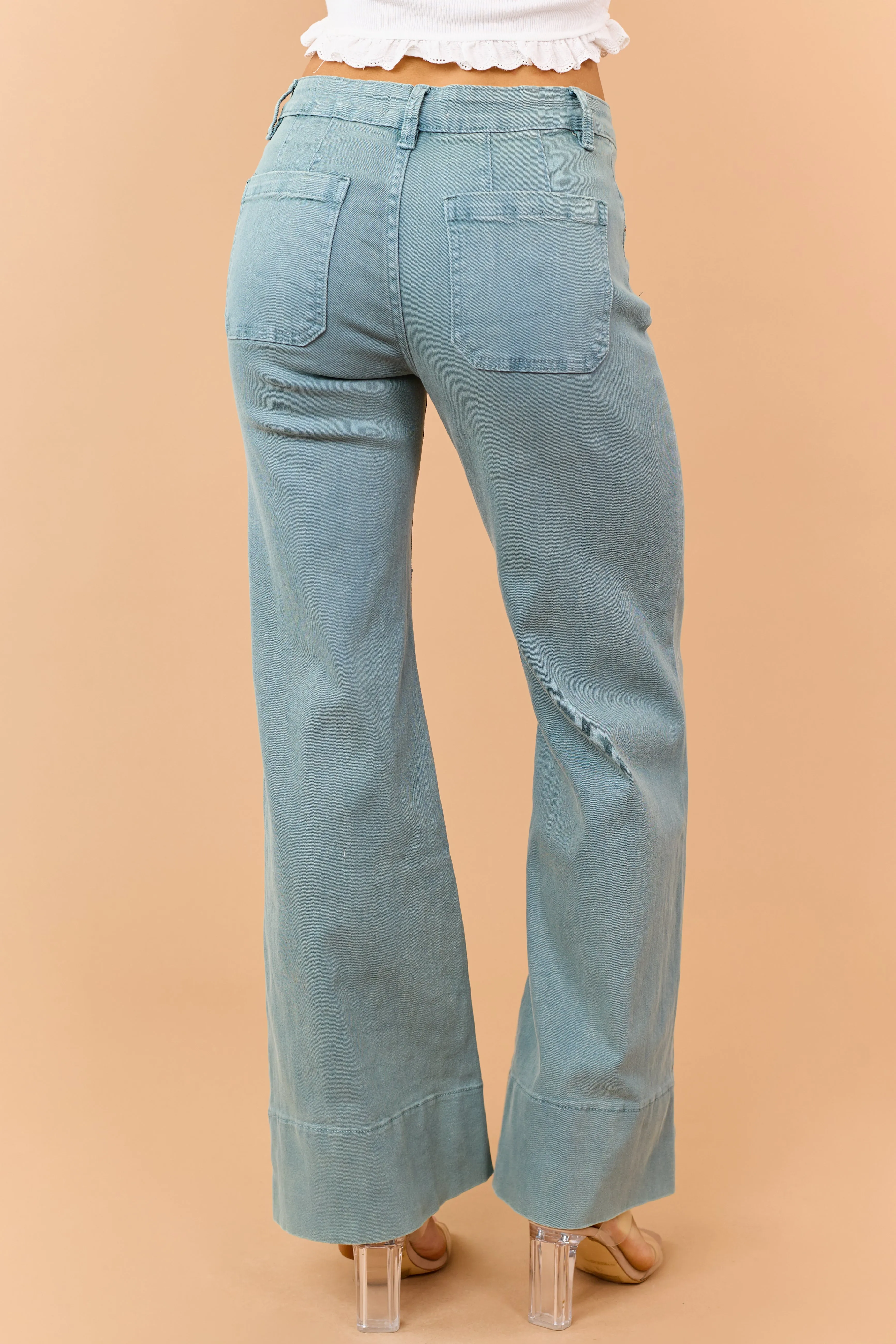Light Juniper Mid Rise Stretchy Wide Leg Jeans sold by Lime Lush product image thumbnail 4