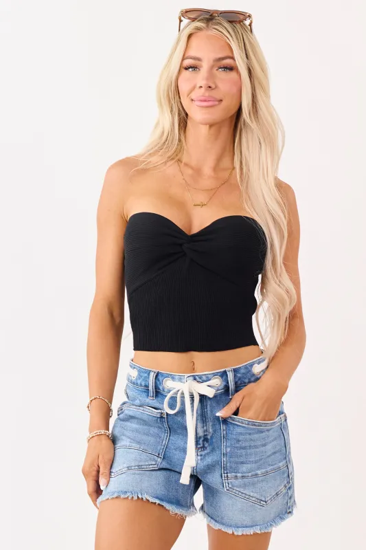 Black Strapless Rib Knit Twist Bust Crop Top made by HYFVE