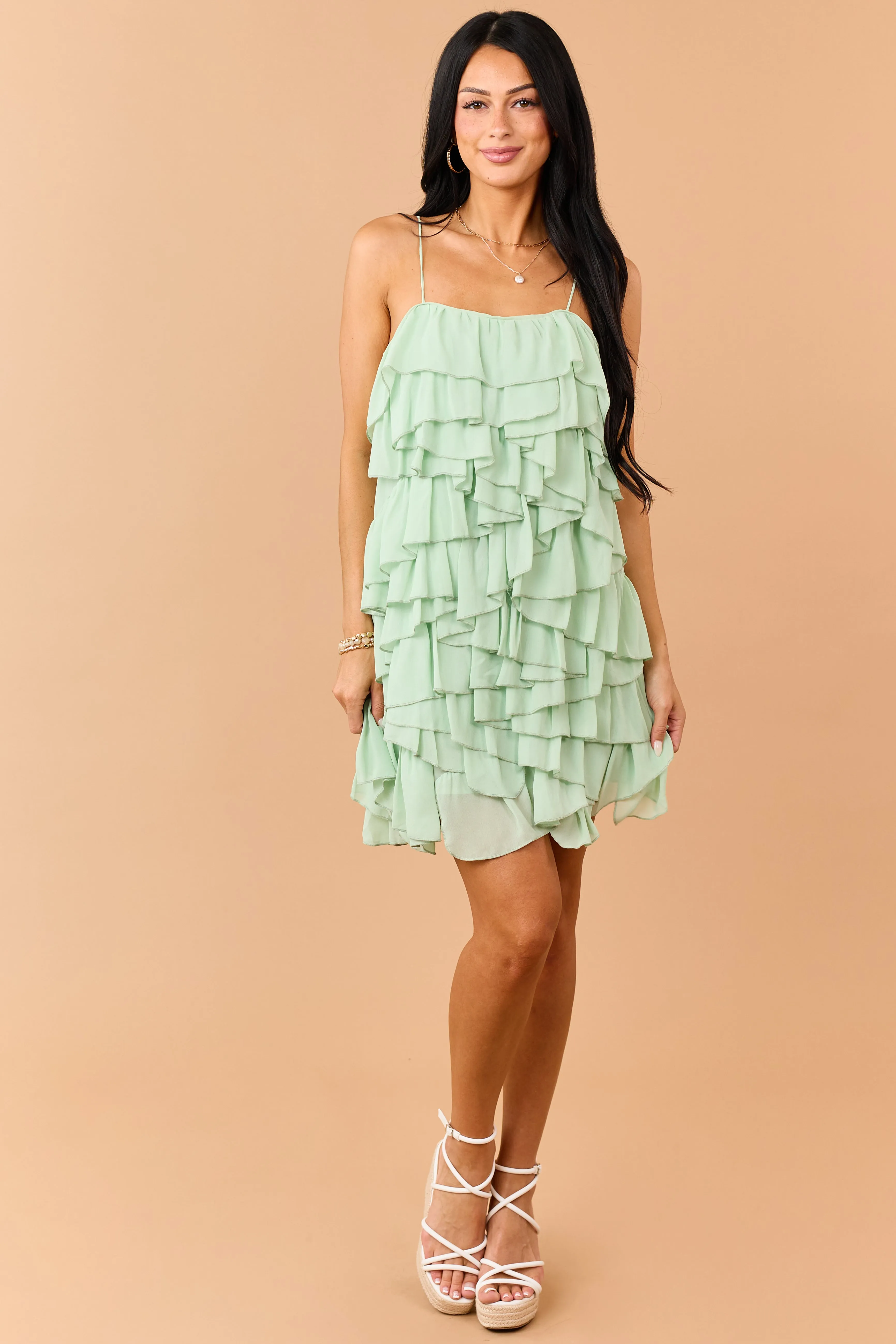Sage Asymmetrical Tiered Ruffle Sleeveless Mini Dress sold by Lime Lush product image thumbnail 3