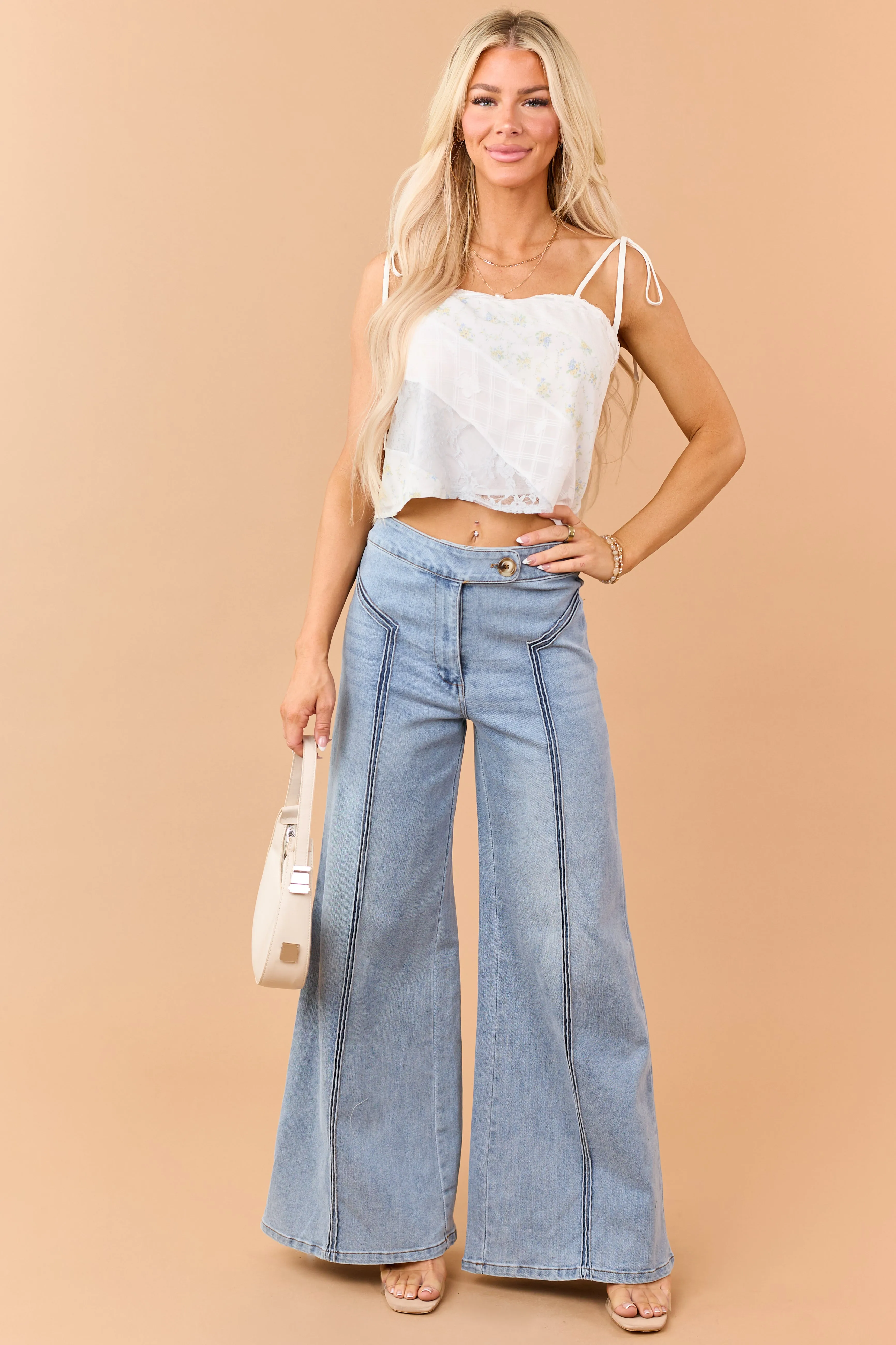 Ivory Floral Patchwork Lace Tie Strap Tank Top sold by Lime Lush product image thumbnail 4