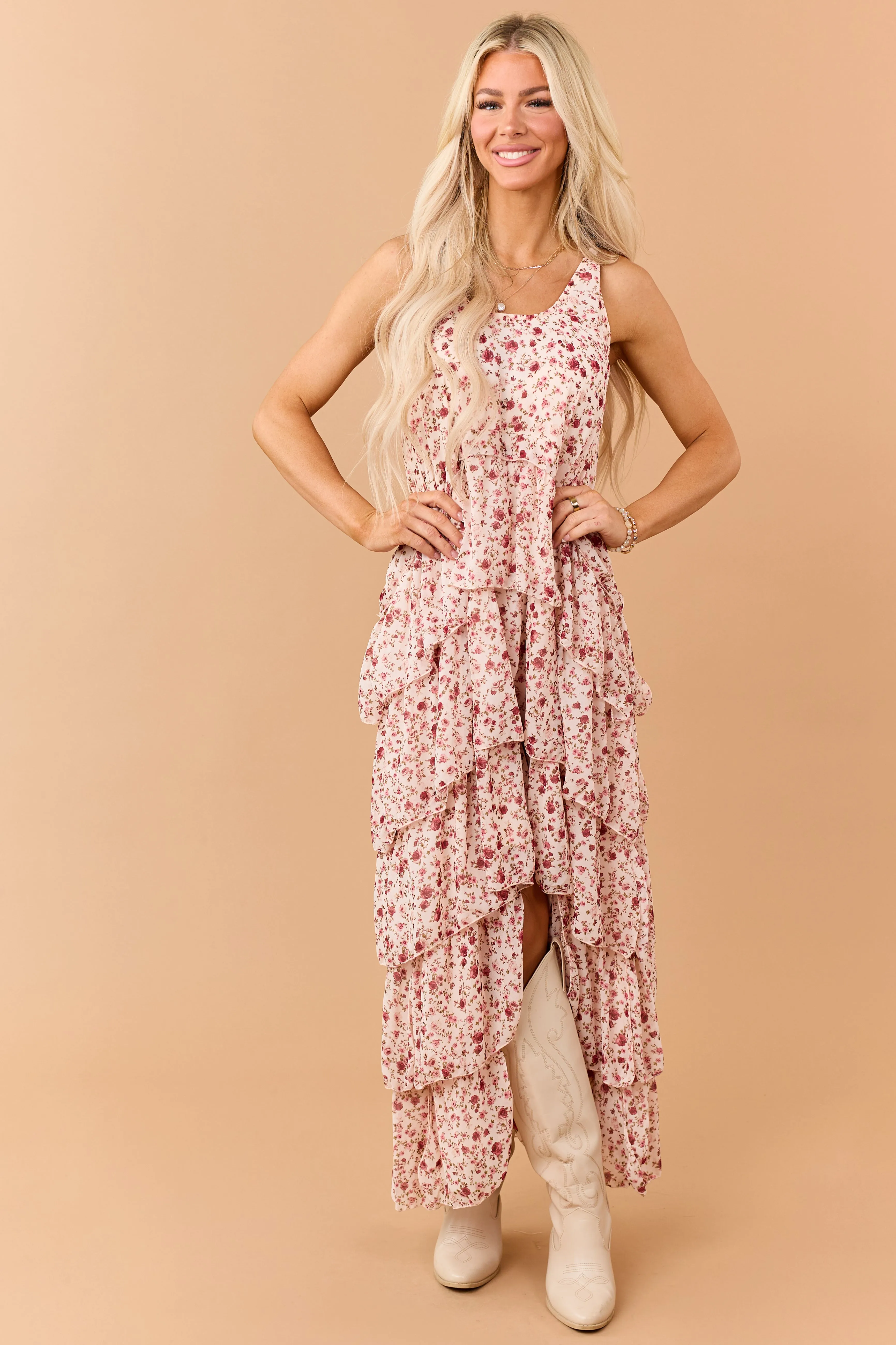 Tea Rose Floral Ruffle Tiered Twist Strap Maxi Dress sold by Lime Lush product image thumbnail 3
