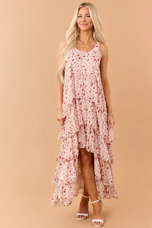 Tea Rose Floral Ruffle Tiered Twist Strap Maxi Dress made by Polagram