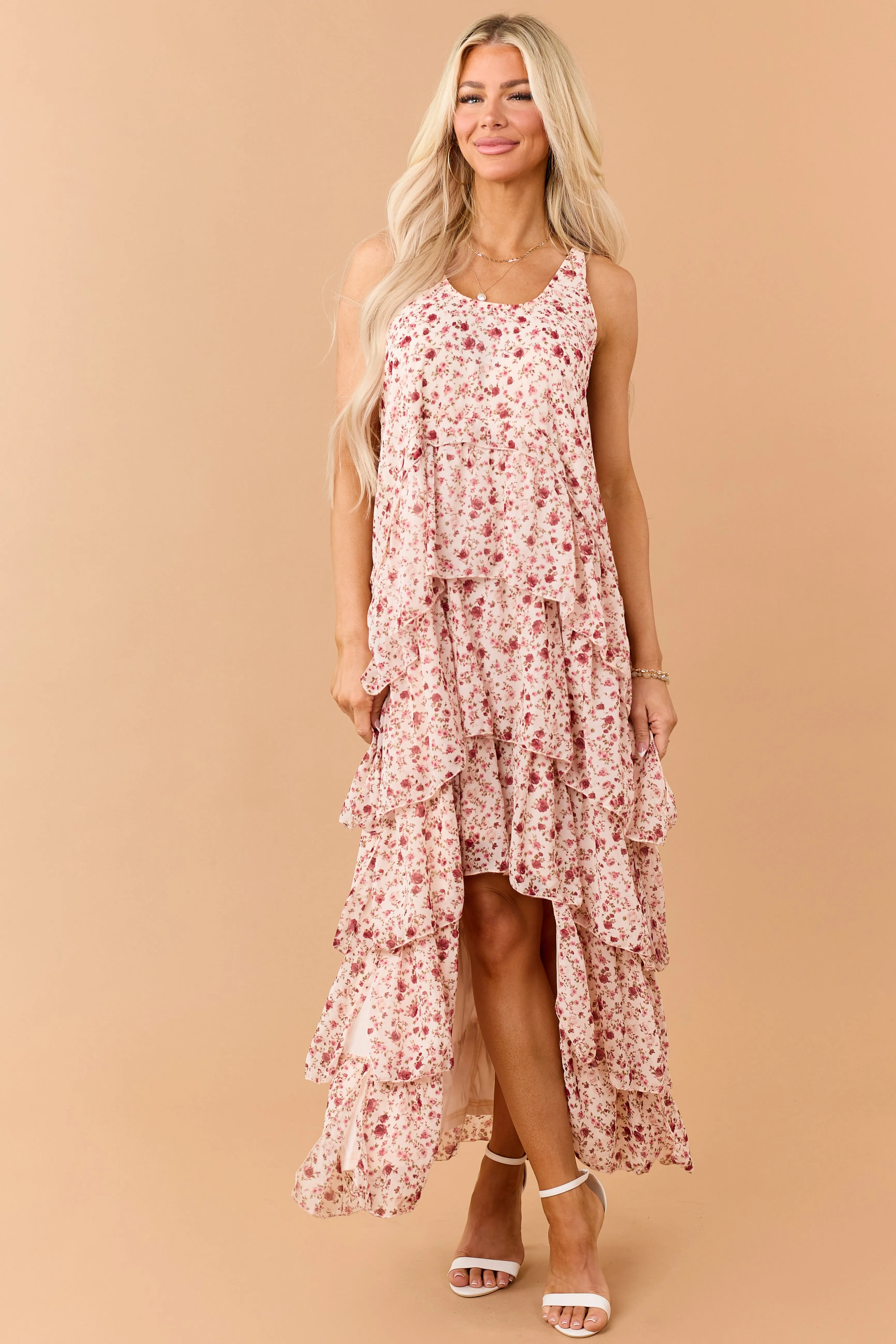 Tea Rose Floral Ruffle Tiered Twist Strap Maxi Dress sold by Lime Lush