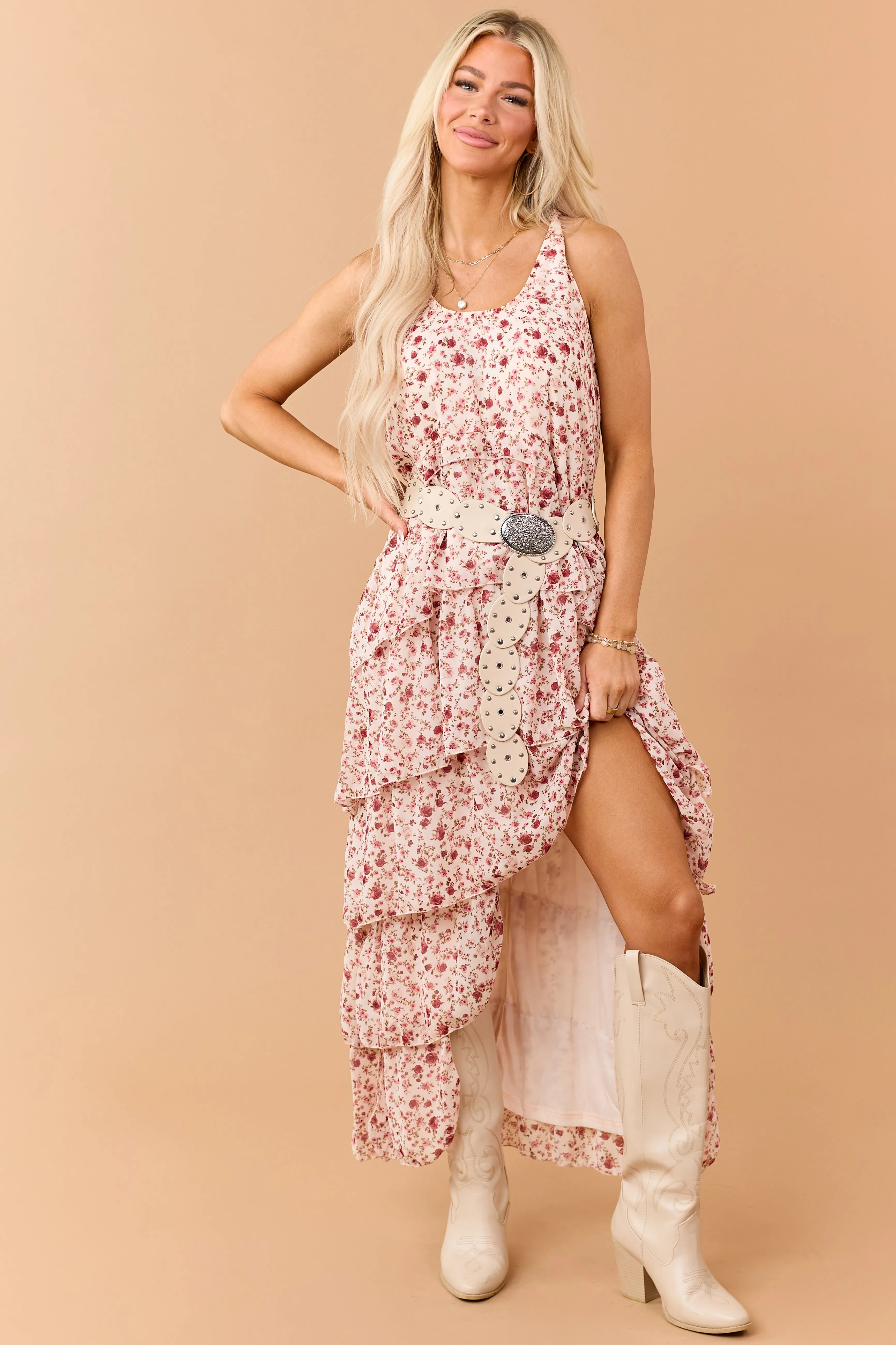 Tea Rose Floral Ruffle Tiered Twist Strap Maxi Dress sold by Lime Lush product image thumbnail 5