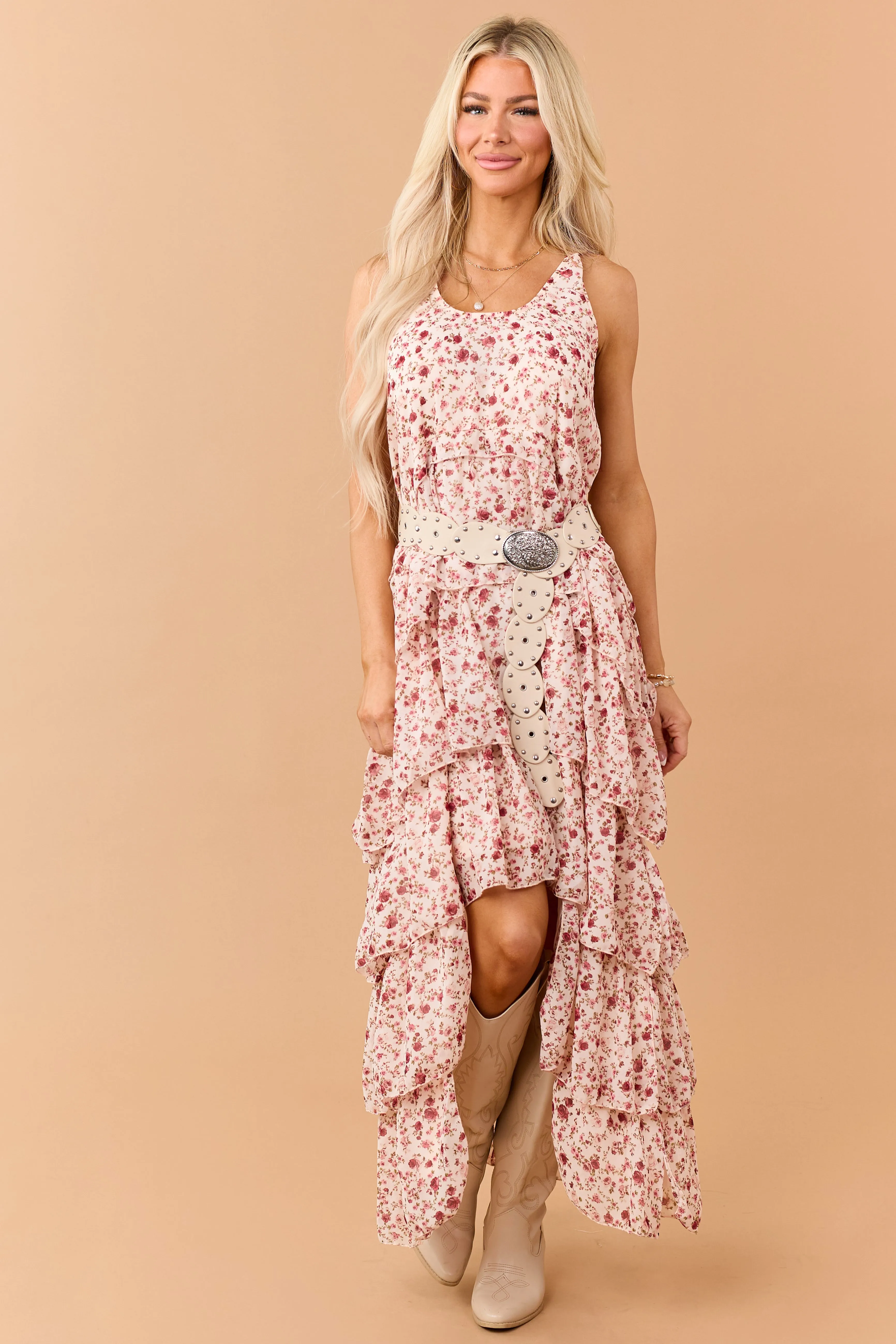 Tea Rose Floral Ruffle Tiered Twist Strap Maxi Dress sold by Lime Lush product image thumbnail 4