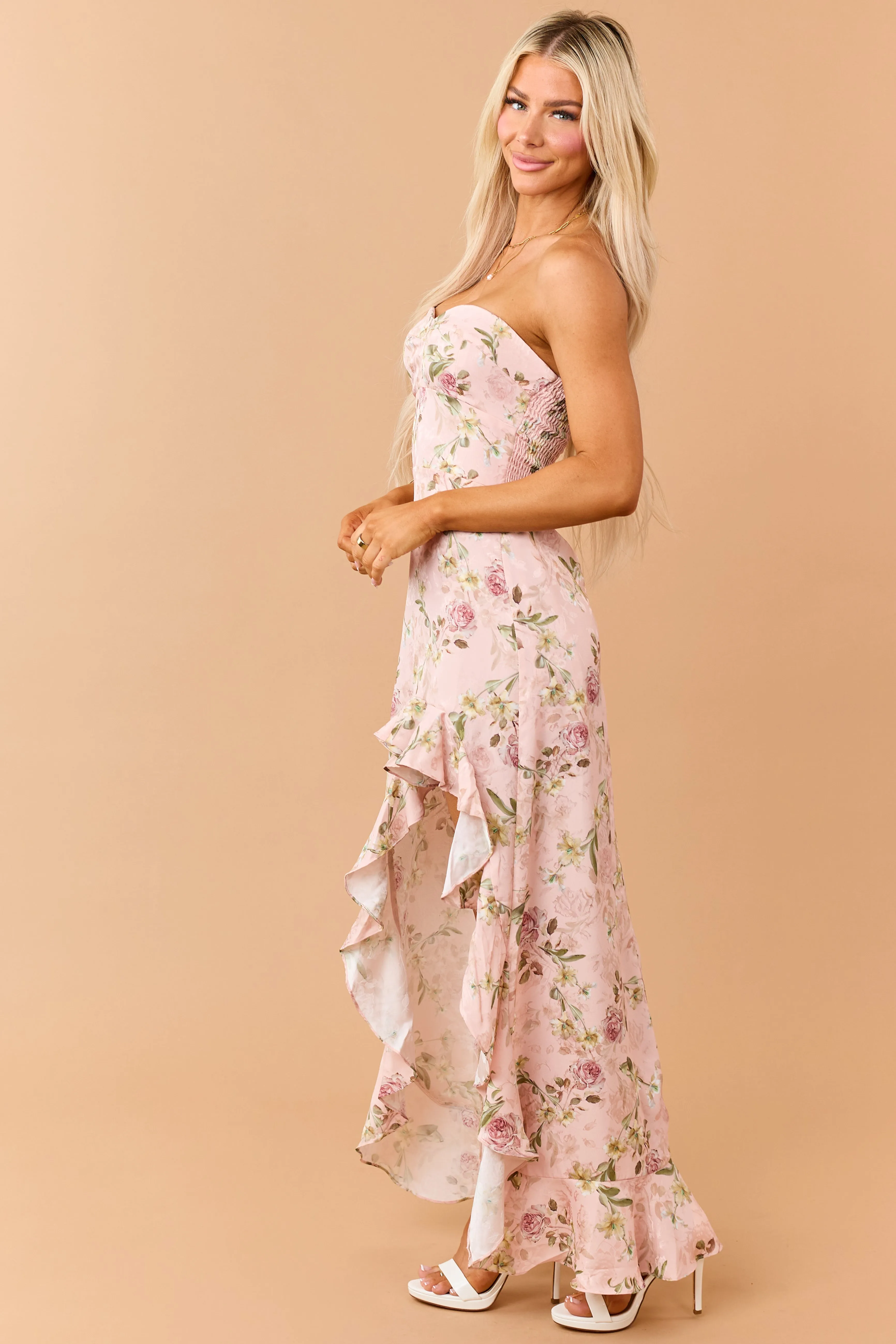 Tea Rose Floral Print High Low Ruffle Hem Maxi Dress sold by Lime Lush product image thumbnail 4