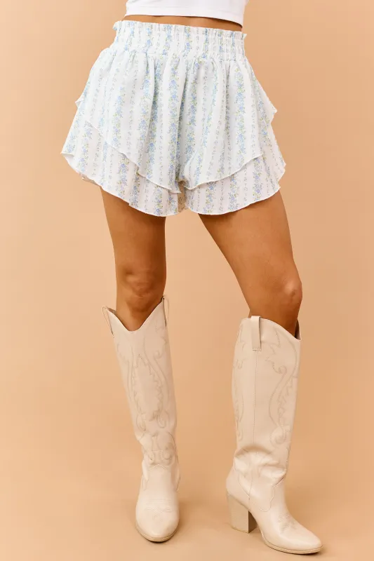 Ivory Floral Print Smocked Waist Tiered Shorts made by BaeVely