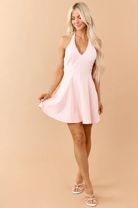 Blush Open Back Halter Neck A-line Knit Mini Dress made by Mustard Seed