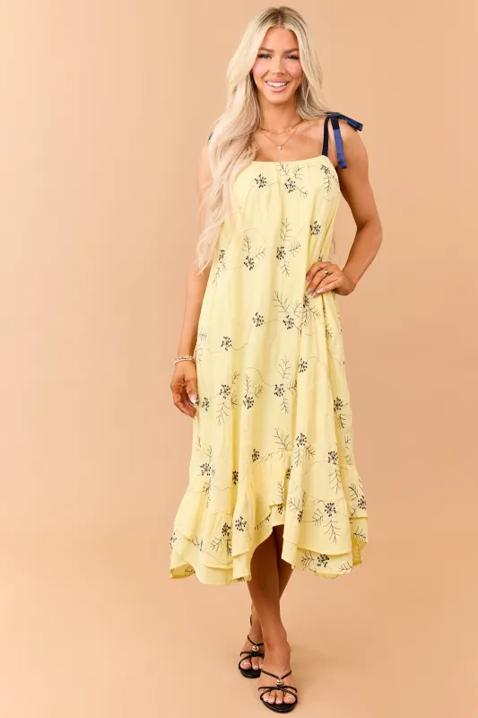 Lemon 3D Floral Embroidered Tie Strap Midi Dress made by Jnna