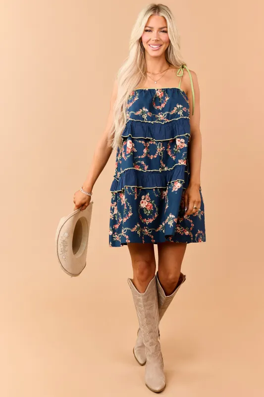 Listicle Navy Cotton Floral Print Tiered Mini Dress made by Listicle