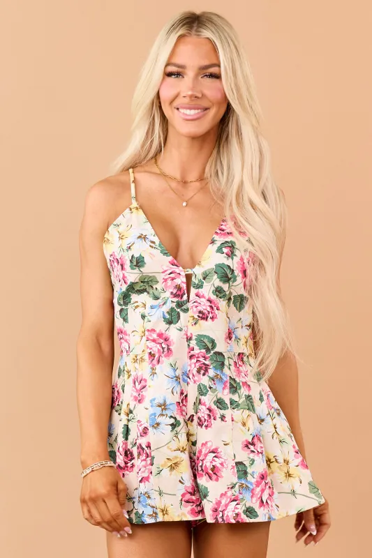Champagne Floral Print Flare Shorts Denim Romper made by Olivaceous