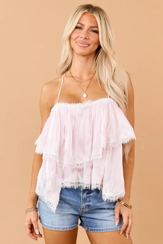 Tea Rose Shimmer Tiered Lace Trim Flowy Cami Top made by Lena