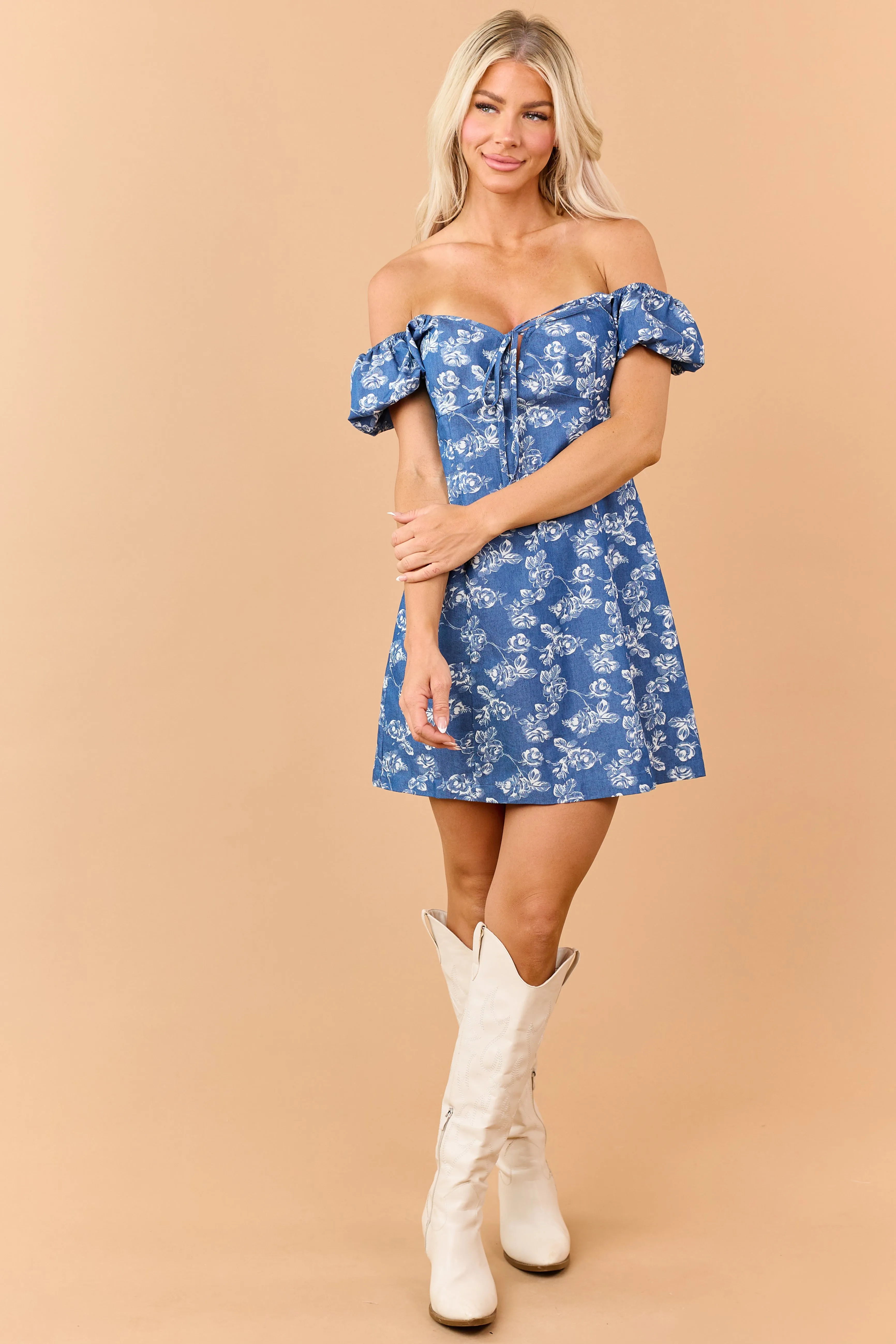 Medium Wash Chambray Floral Pattern Mini Dress sold by Lime Lush product image thumbnail 5