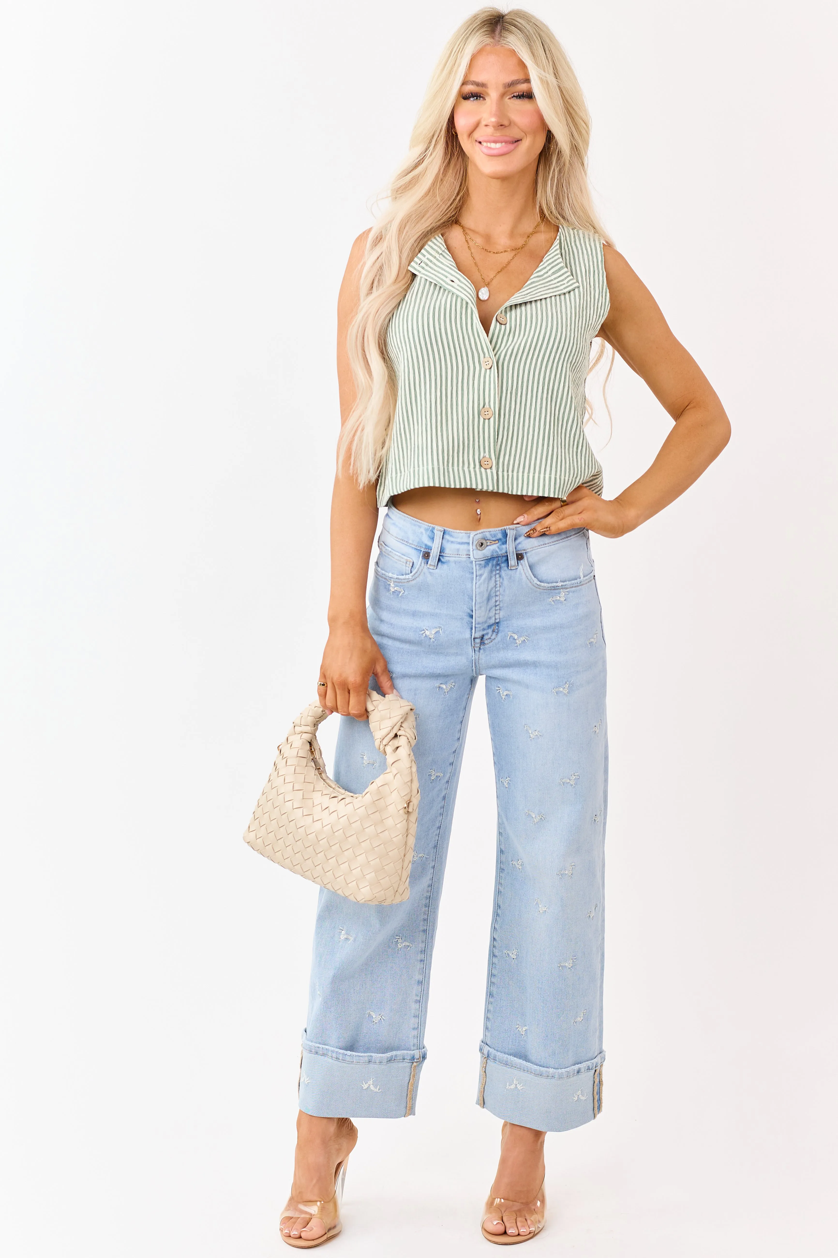 Sage and Cream Striped Button Down Tank Top sold by Lime Lush product image thumbnail 2