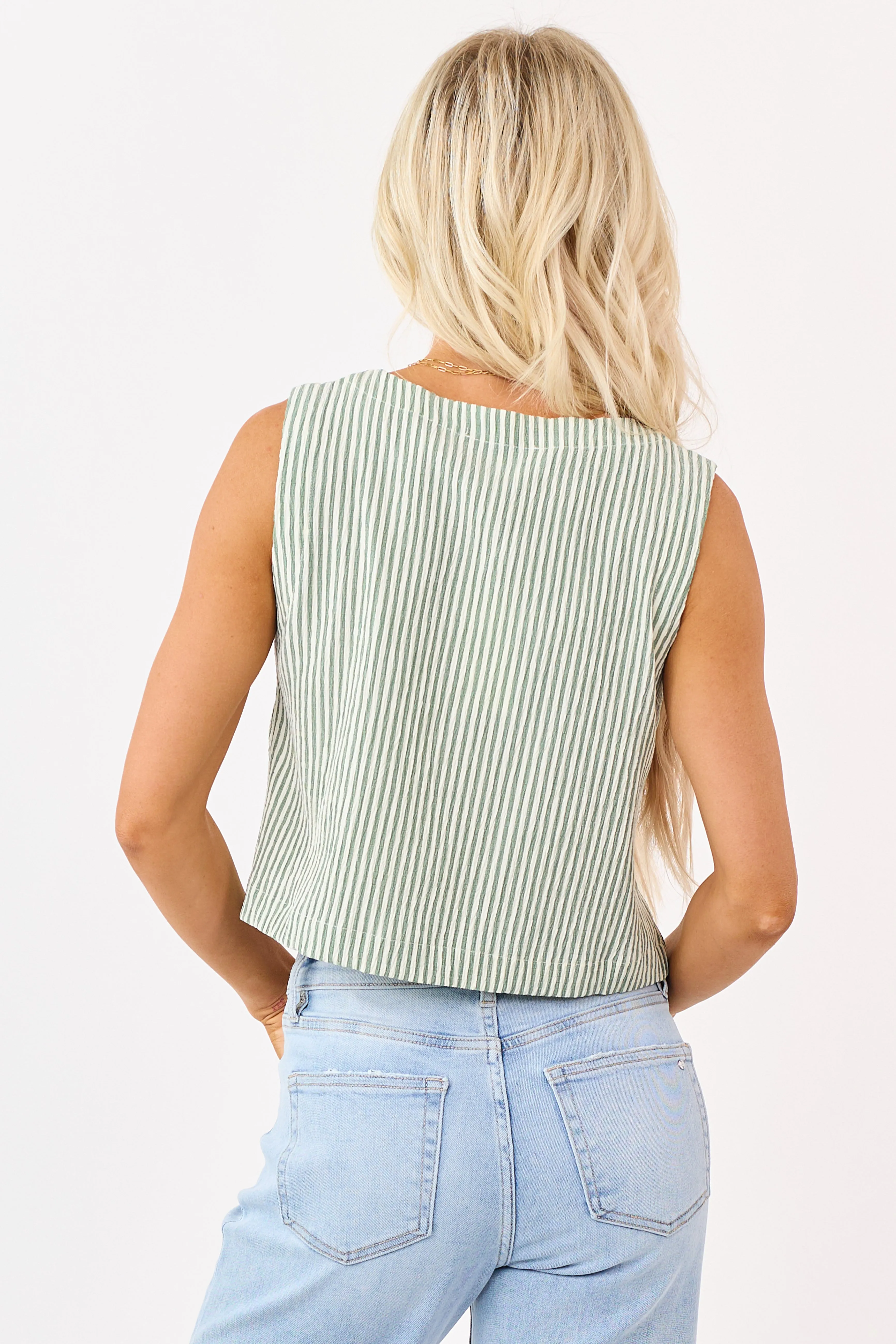 Sage and Cream Striped Button Down Tank Top sold by Lime Lush product image thumbnail 5
