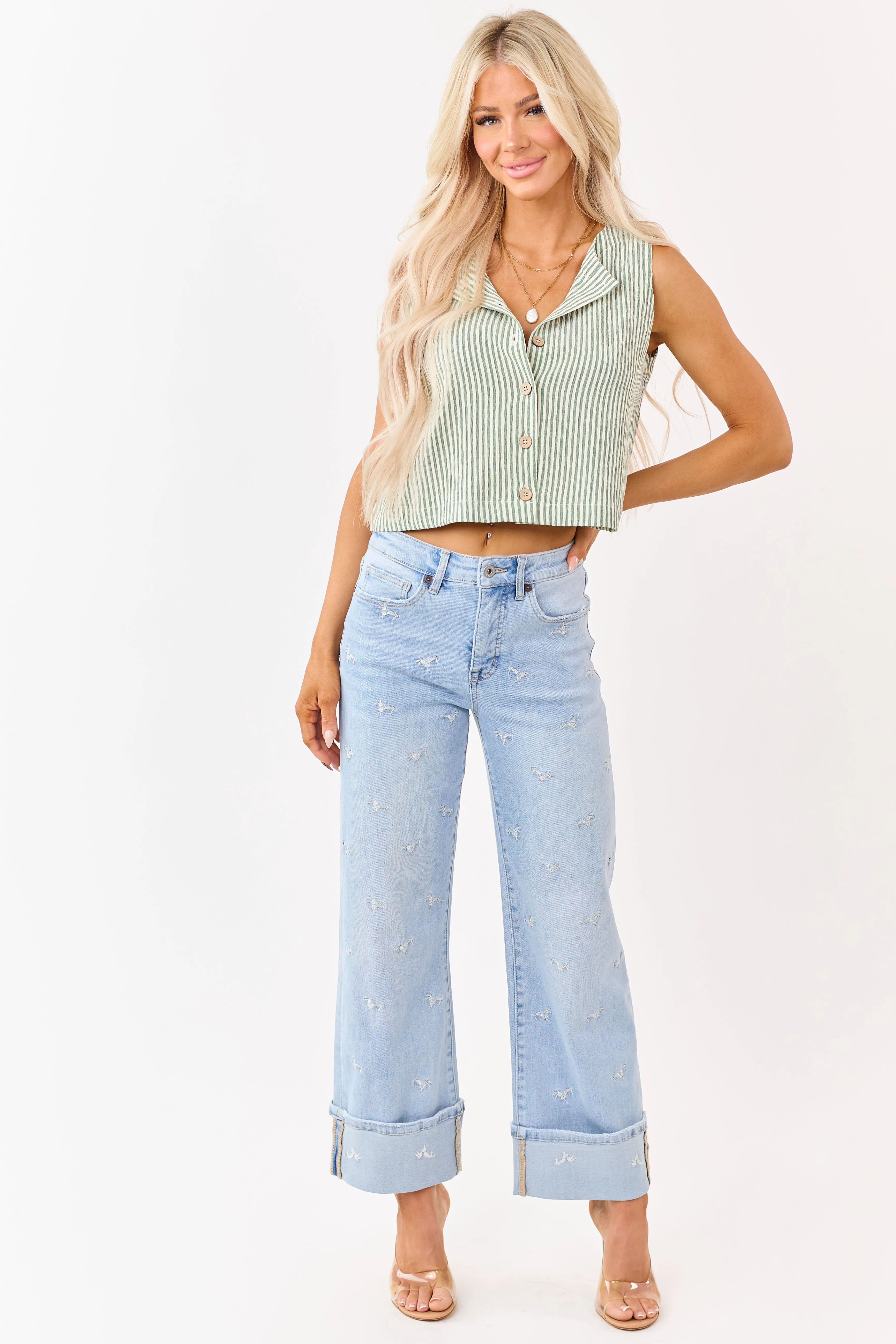 Sage and Cream Striped Button Down Tank Top sold by Lime Lush product image thumbnail 3