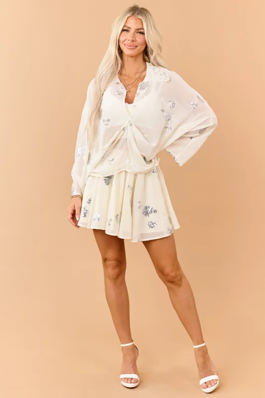 Cream Sequined Long Sleeve Top and Skirt Set made by Lena